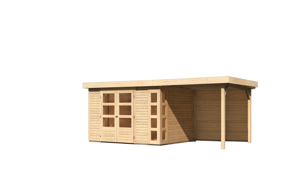 Karibu großes Gerätehaus Kerko 5 in Naturbelassen und Anbaudach