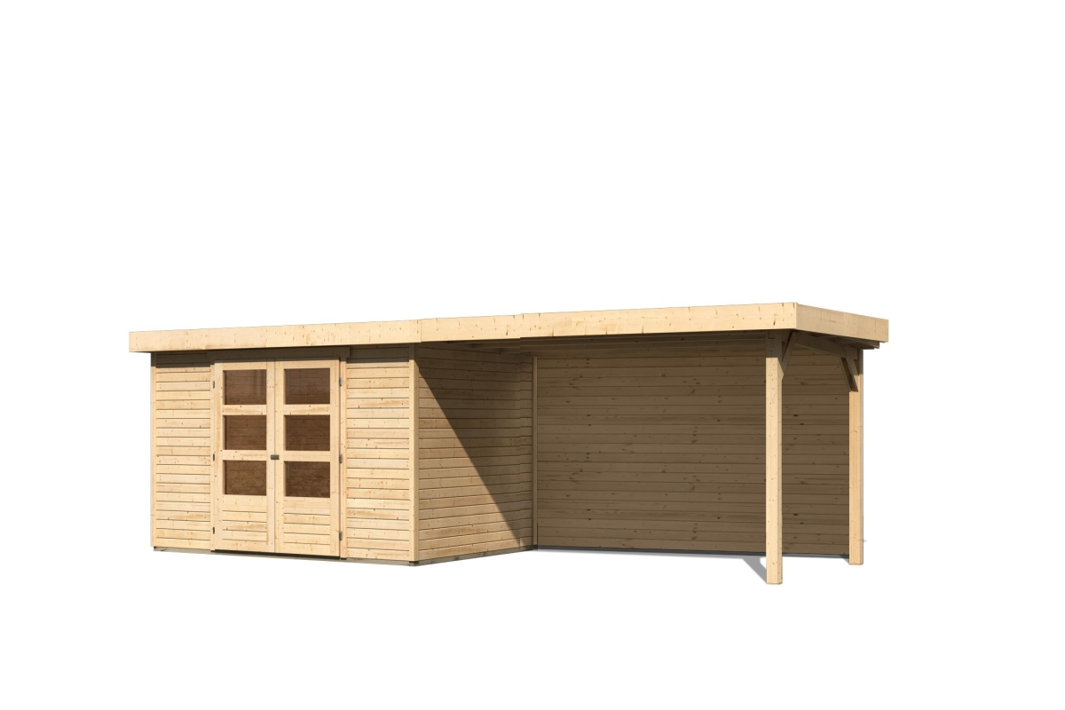 Karibu Gerätehaus Askola 4 in Naturbelassen und Anbaudach, Freisteller