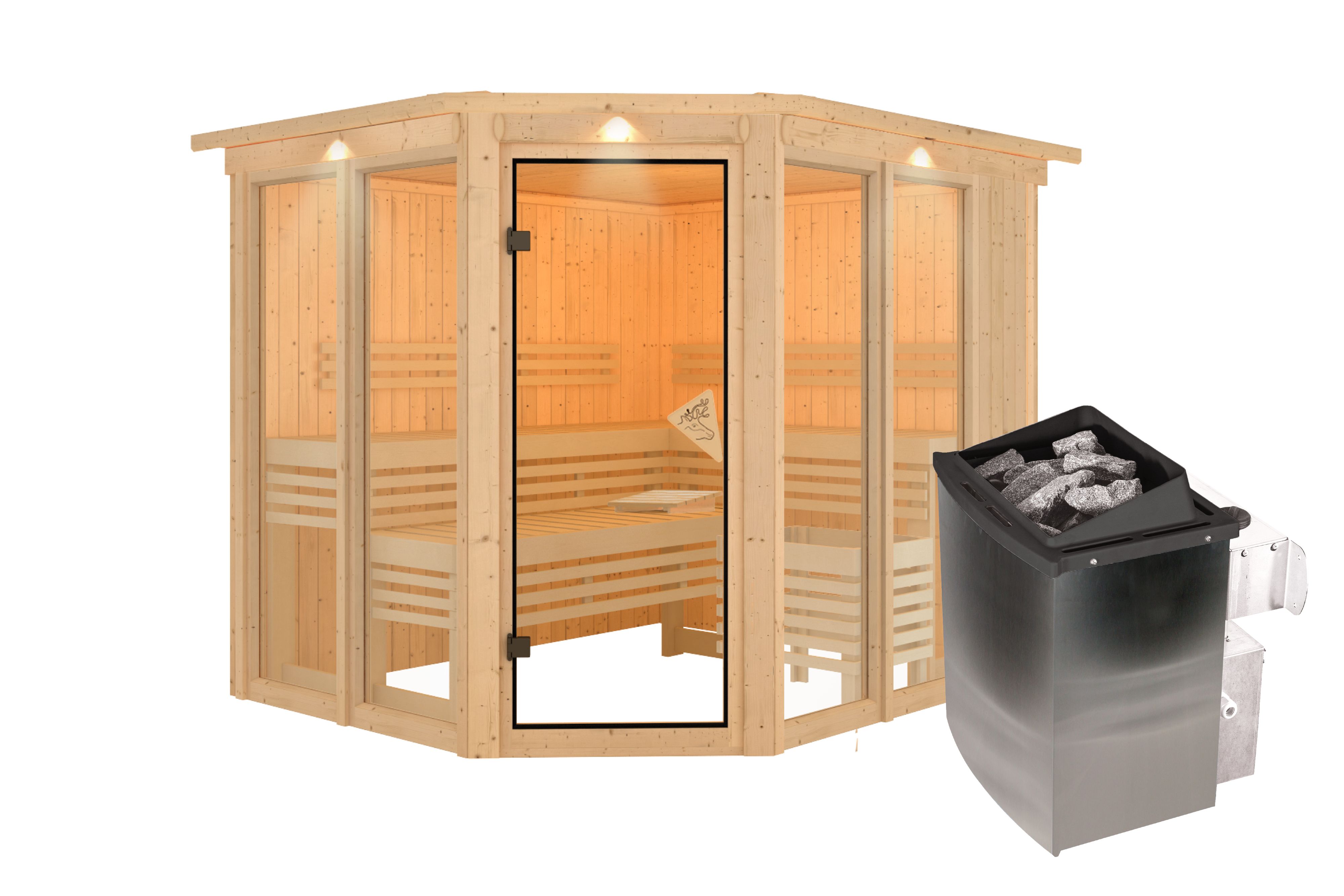 Innenansicht der Karibu Sauna Ainur mit Liegen und Kopfstütze aus hellem Espenholz