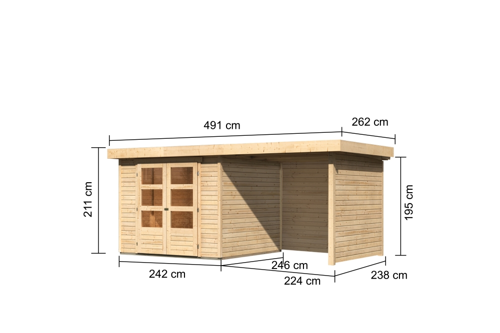 Bemaßte Maßzeichnung des Karibu Gerätehaus Askola 3,5 mit Anbaudach, 491 × 262 cm