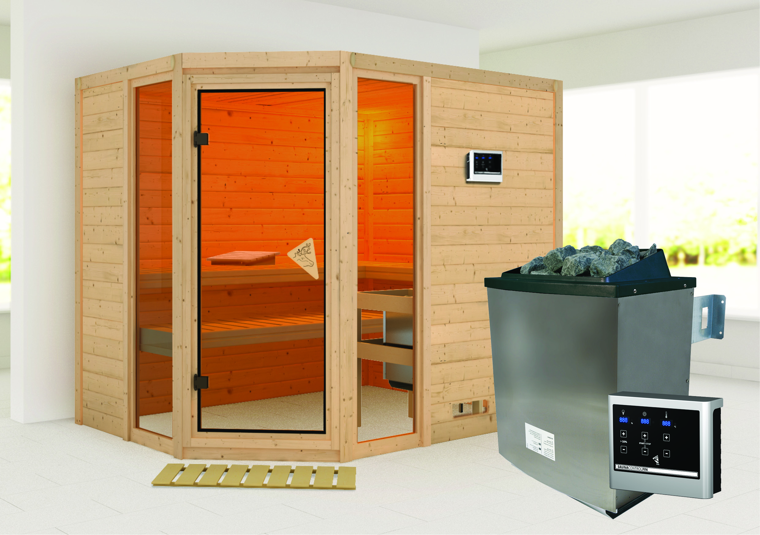 Außenansicht der Karibu Sauna Gateway aus nordischer Fichte mit Ganzglastür und Fronteinstieg