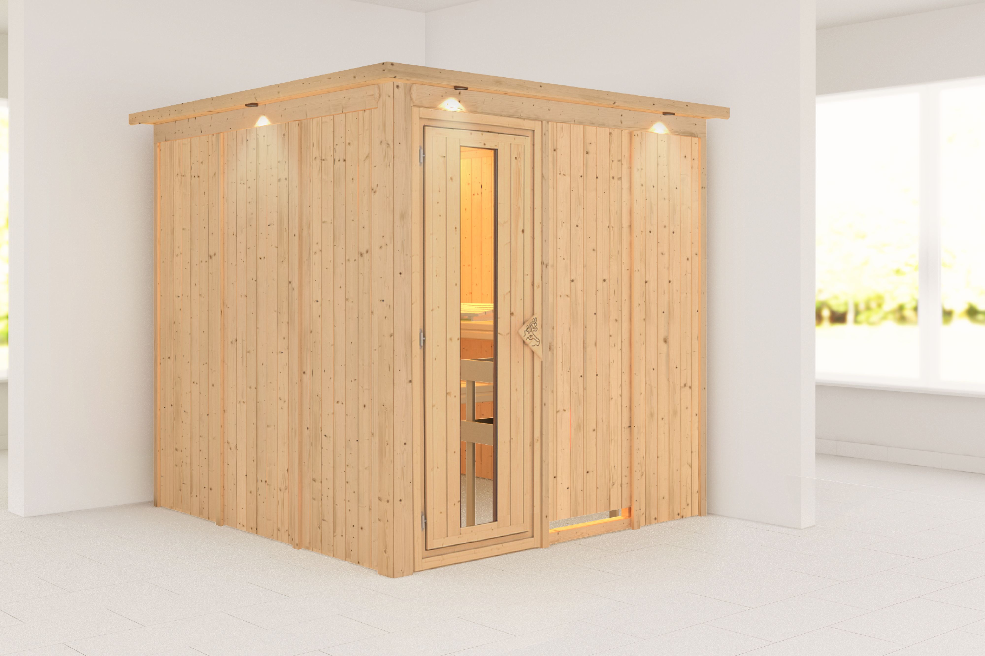 Außenansicht der Karibu Sauna Rodin aus nordischer Fichte mit isolierter Holztür und Fronteinstieg