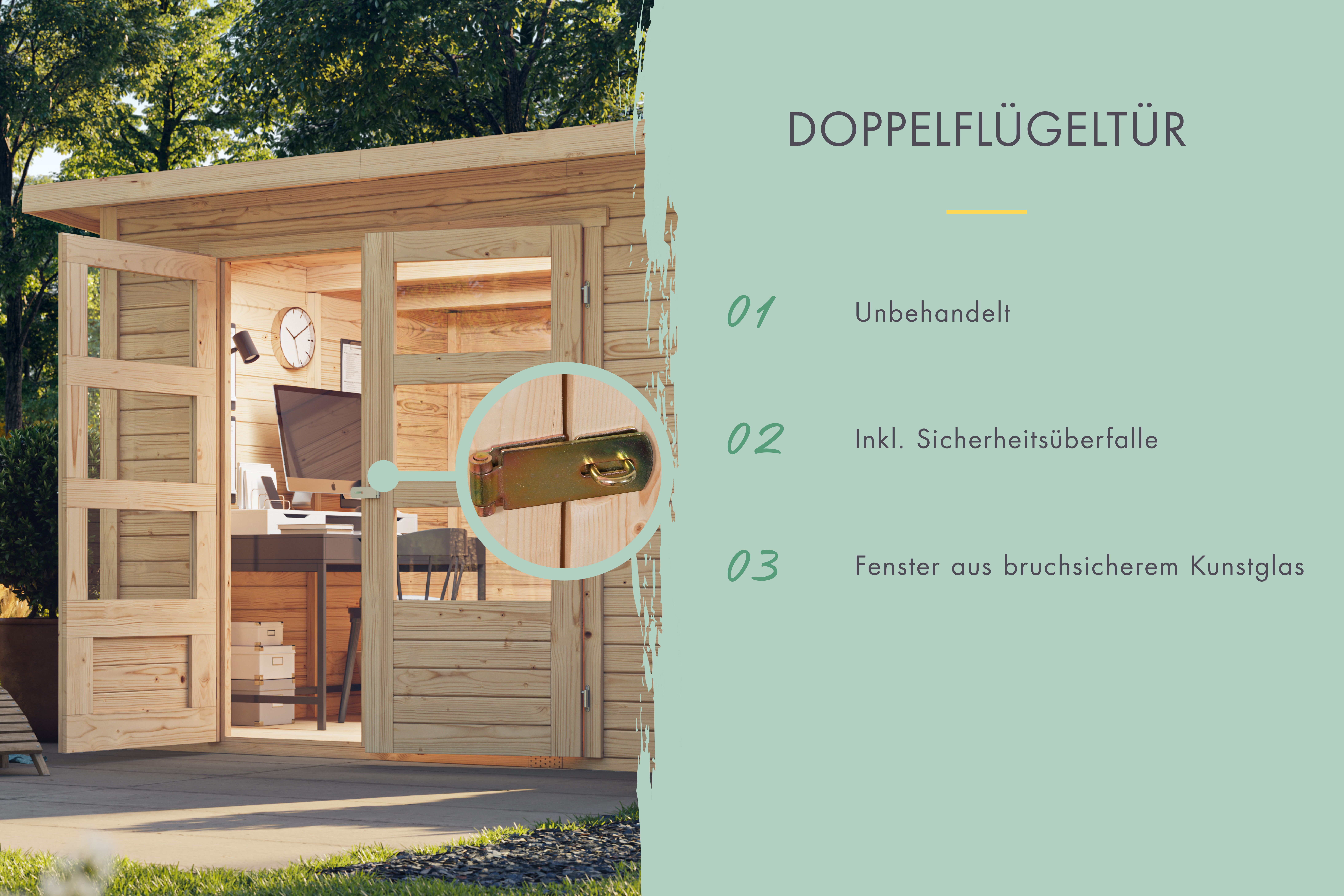 Doppelflügeltür des Karibu Gerätehaus Retola 2 mit Zylinderschloss und Kunstglas