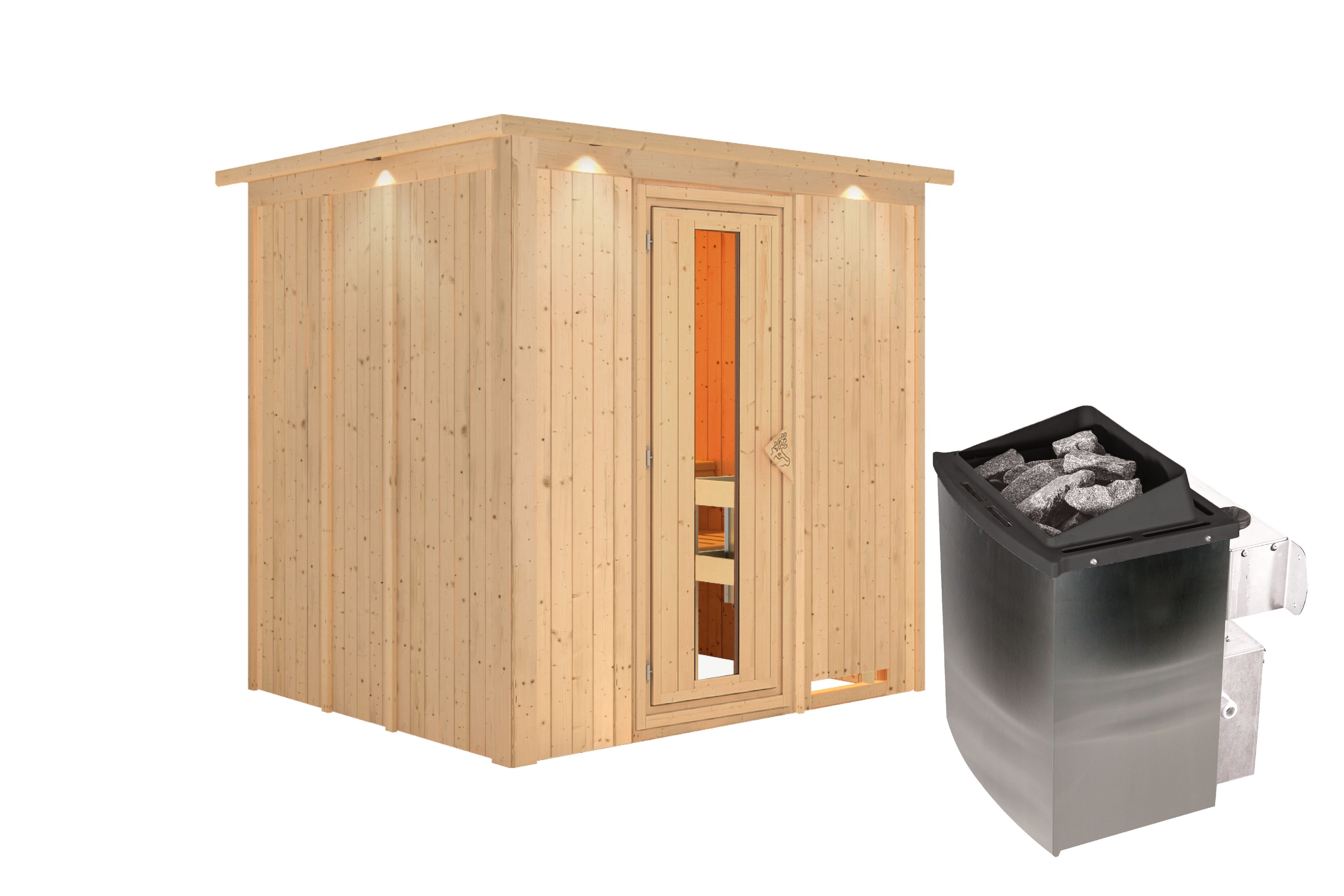 Innenansicht der Karibu Sauna Sodin mit Liegen und Kopfstütze aus hellem Espenholz