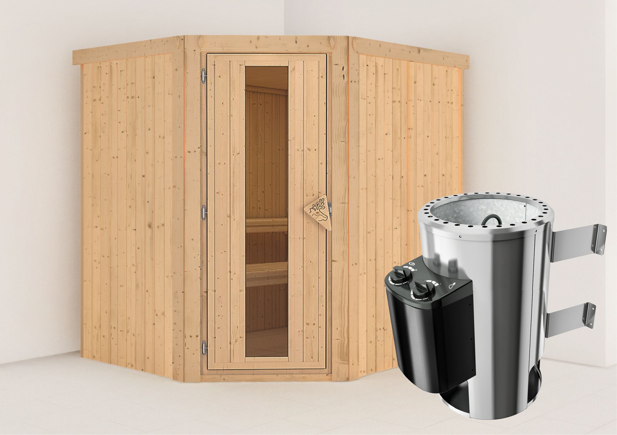 Außenansicht der Karibu Sauna Lilja aus nordischer Fichte mit isolierter Holztür und Fronteinstieg