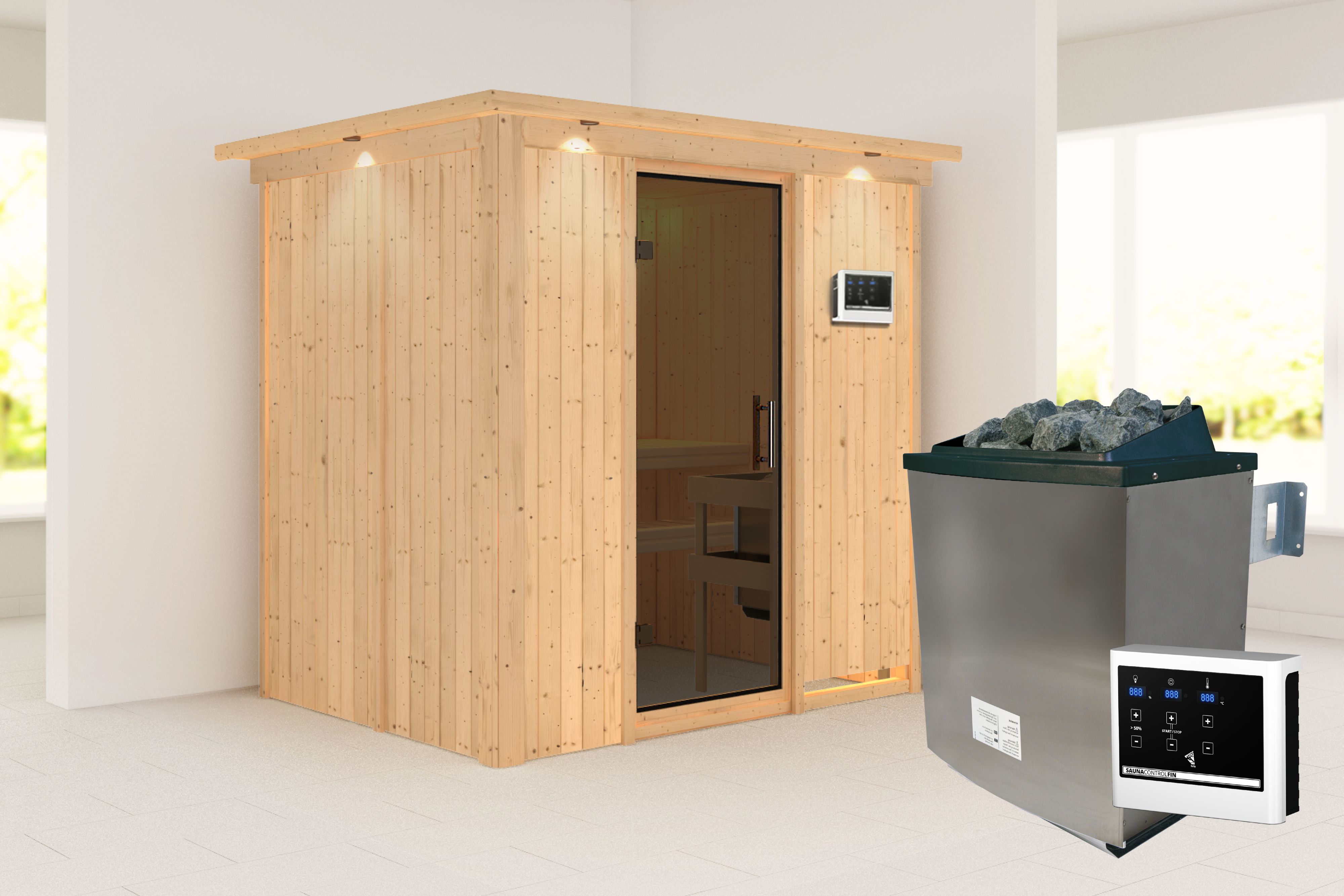 Außenansicht der Karibu Sauna Bodin aus nordischer Fichte mit graphitfarbener Ganzglastür und Fronteinstieg
