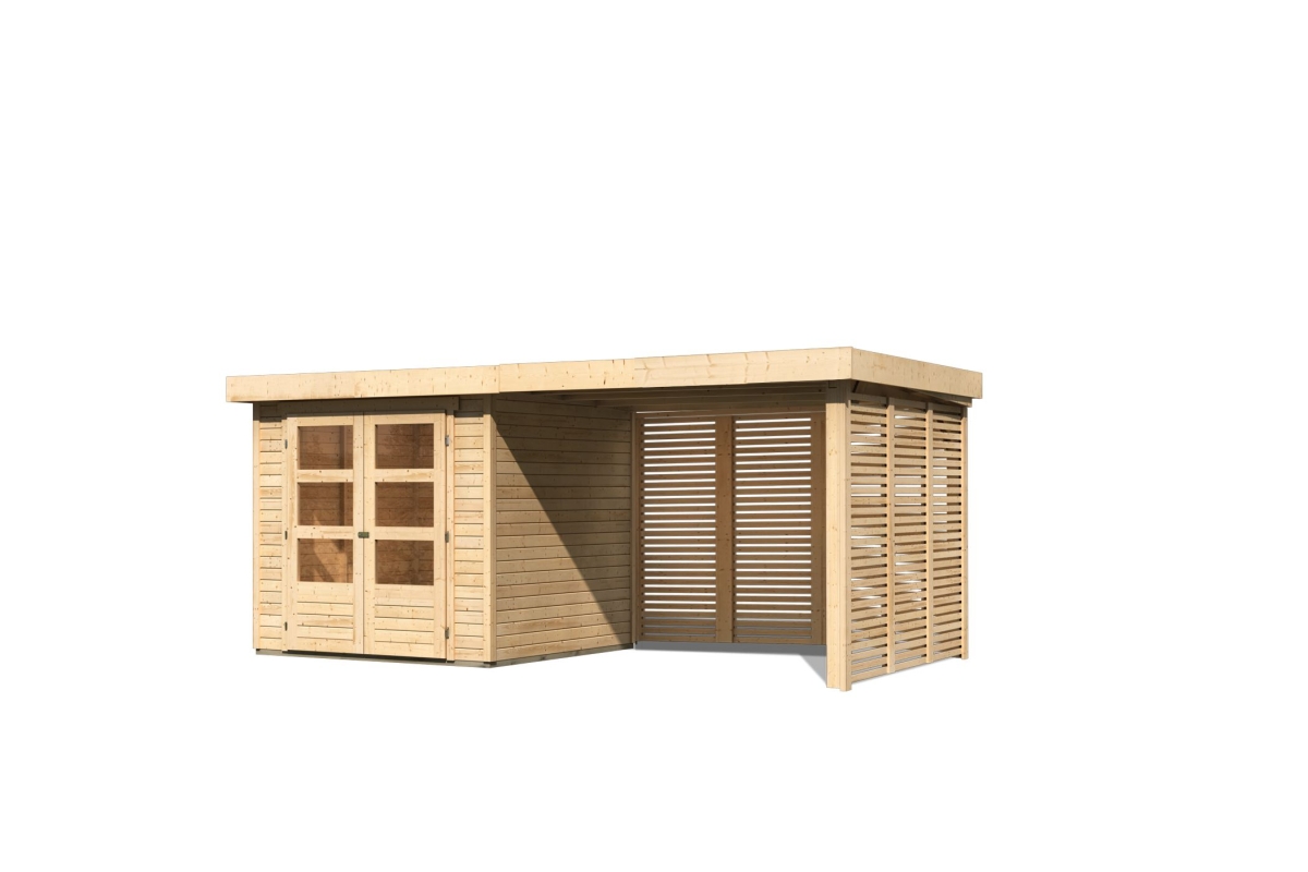 Karibu Gerätehaus Askola 2 in Naturbelassen und Anbaudach, Freisteller