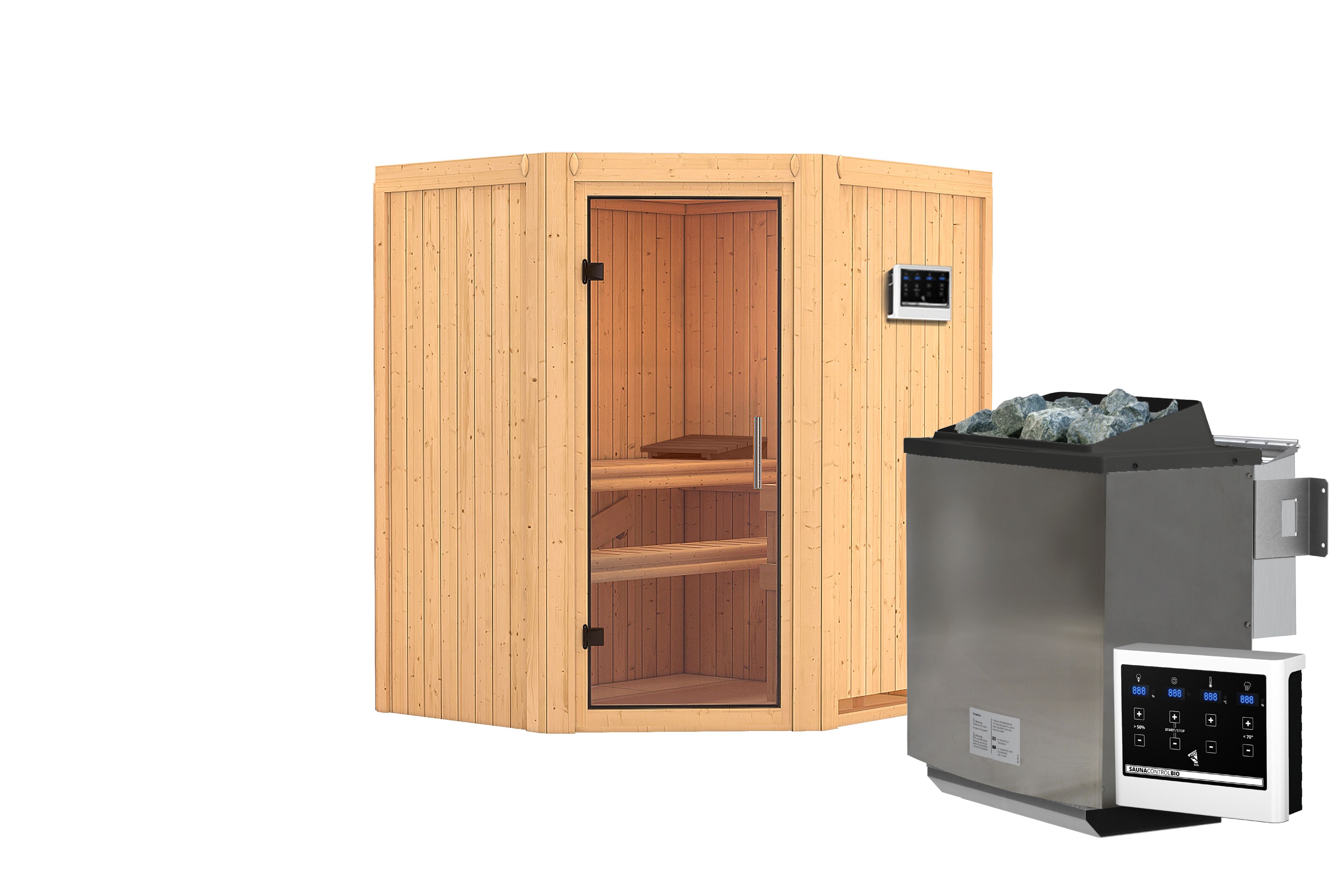 Innenansicht der Karibu Sauna Taurin mit Liegen und Kopfstütze aus hellem Espenholz
