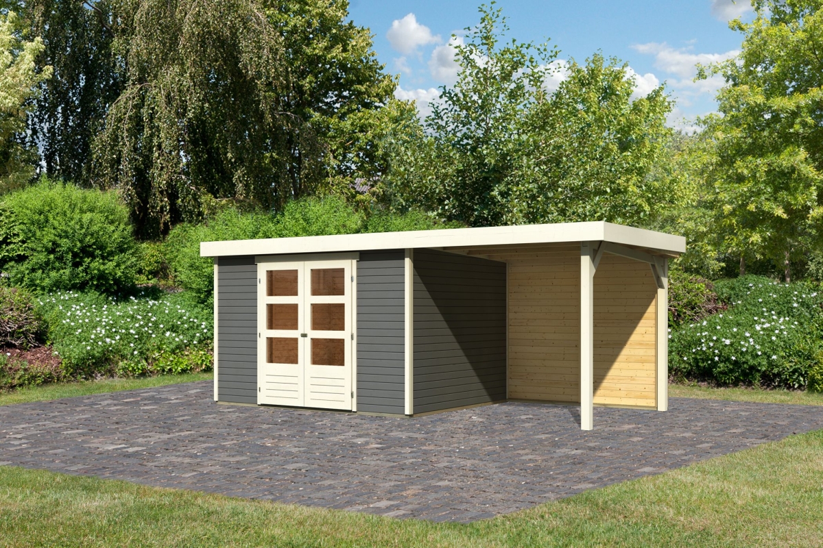 Karibu großes Gerätehaus Askola 5 in Terragrau und Anbaudach, Außenansicht