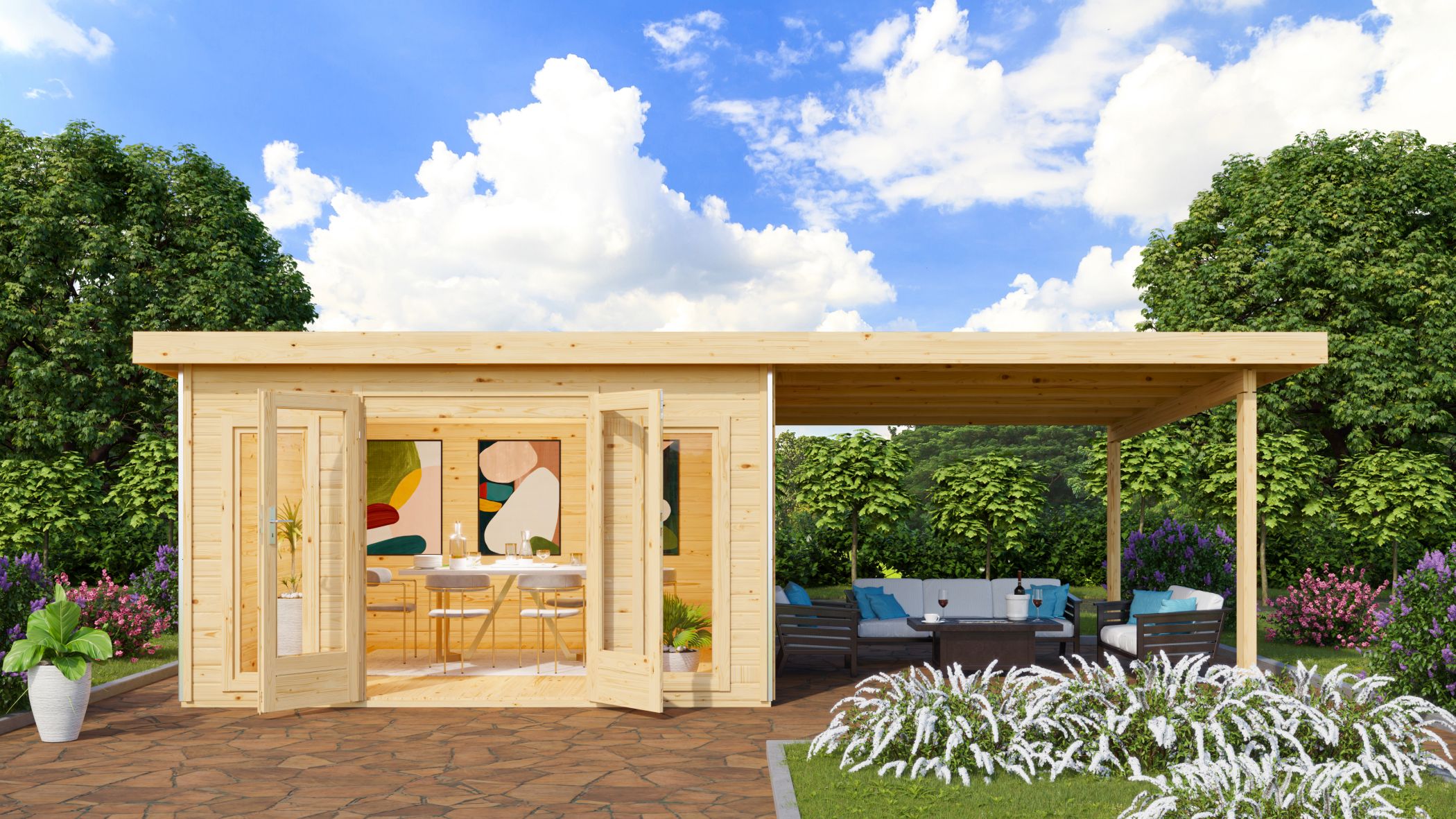 Gartenhaus Radeburg 3 naturbelassen mit 3,3 Meter Anbaudach / Lagerabverkauf