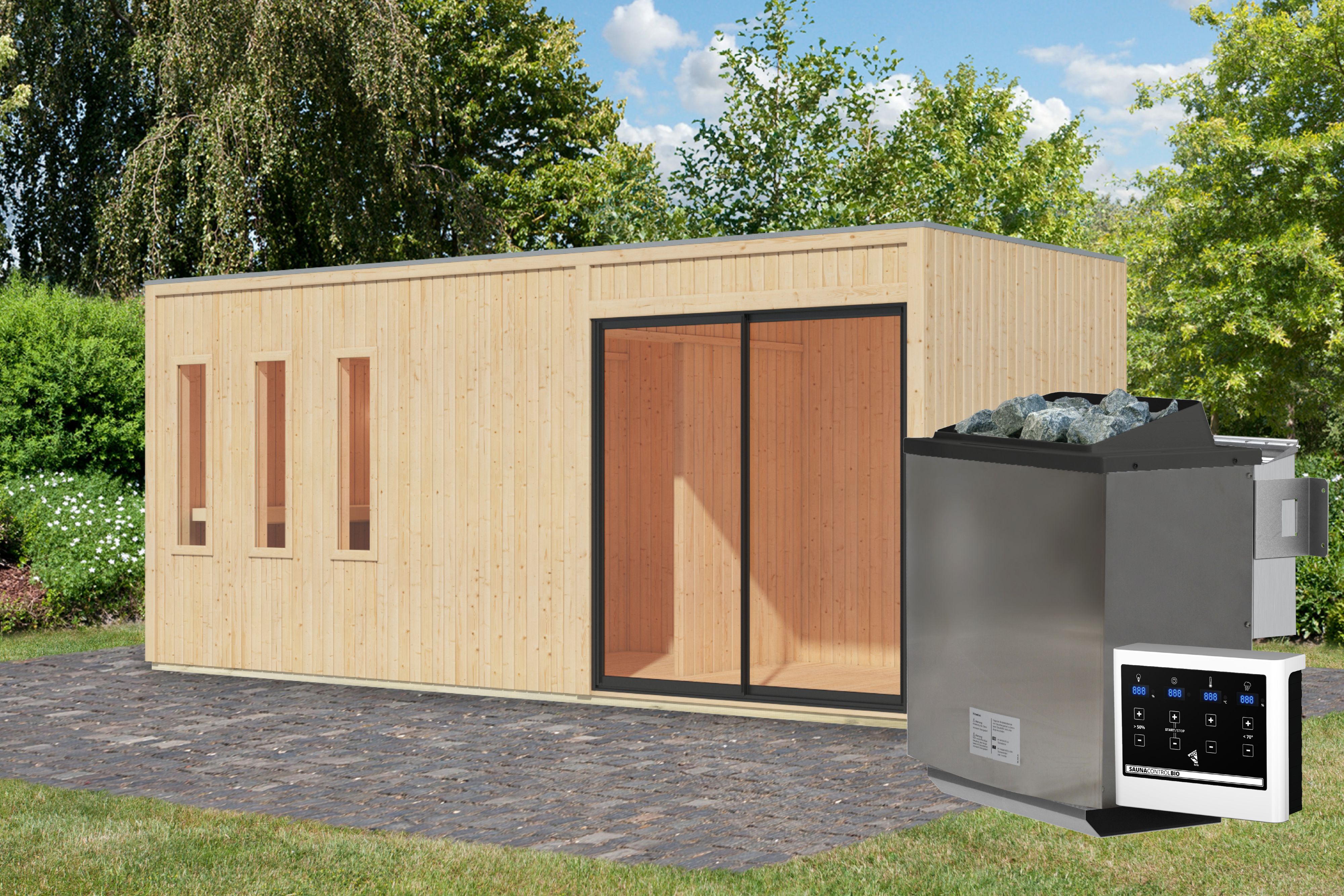 Karibu Saunahaus Monterey als Gartensauna aus Massivholz im Garten mit Glasfront
