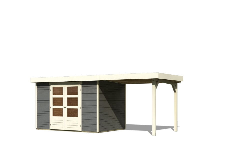 Karibu Gerätehaus Askola 4 in Terragrau und Anbaudach, Freisteller