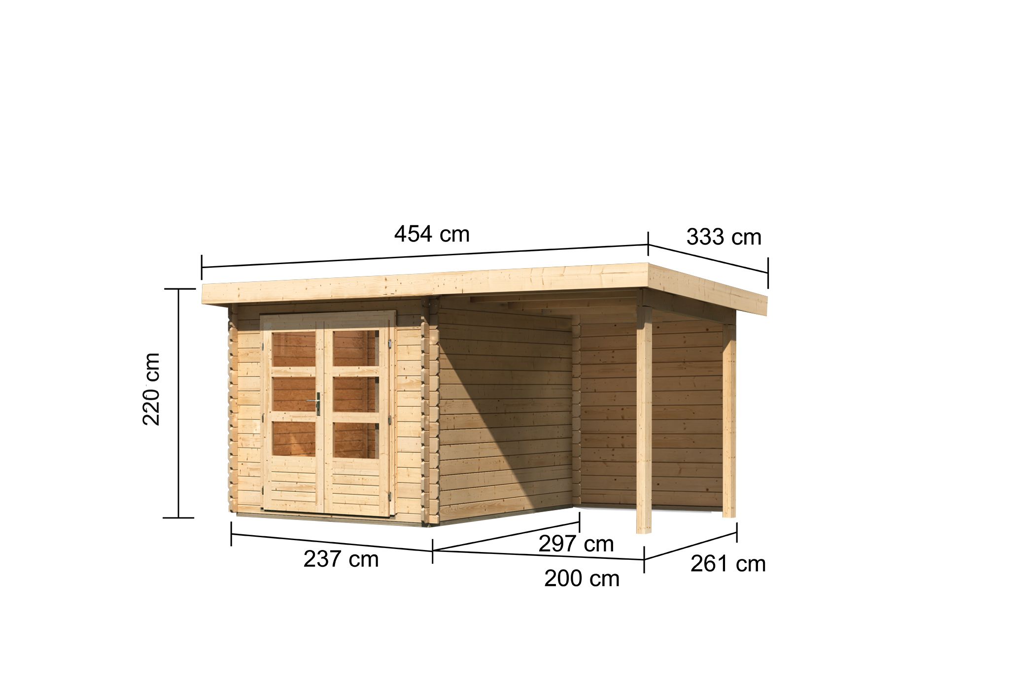 Bemaßte Maßzeichnung des Karibu Gartenhaus Bastrup 4 mit Anbaudach, 454 × 333 cm