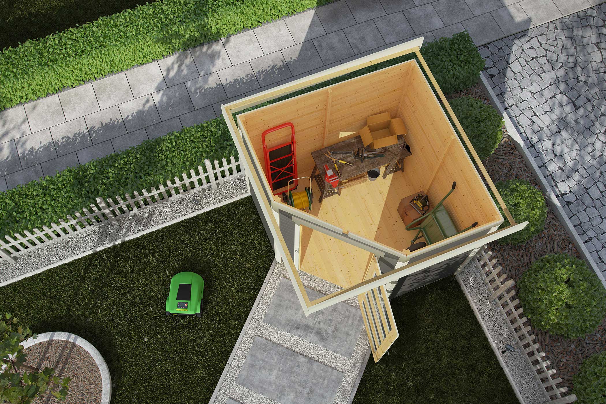 Karibu Gerätehaus Schwandorf 3 in Terragrau im Garten
