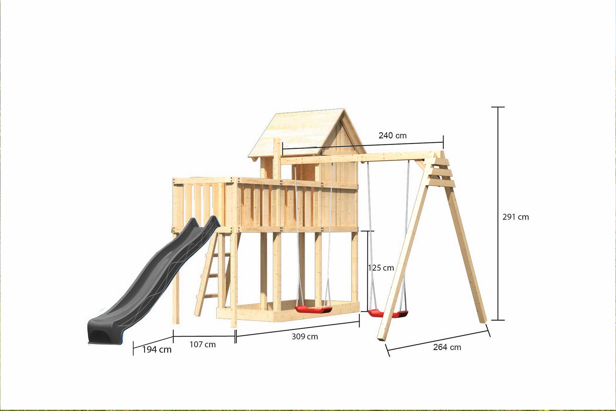 Maßzeichnung eines Karibu Spielgeräts aus Holz mit Bemaßung von Grundfläche und Höhe