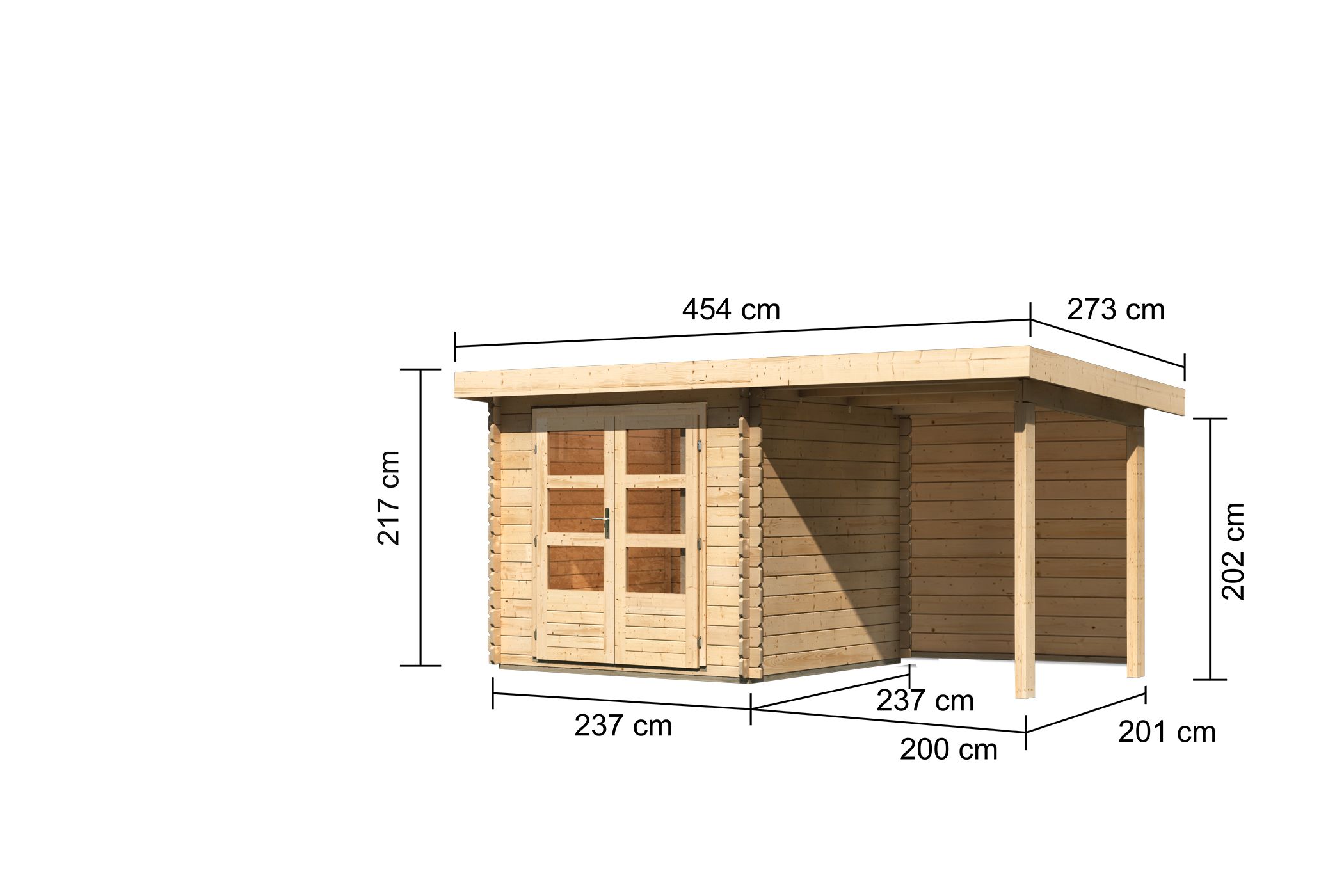 Bemaßte Maßzeichnung des Karibu Gerätehaus Bastrup 2 mit Anbaudach, 454 × 273 cm