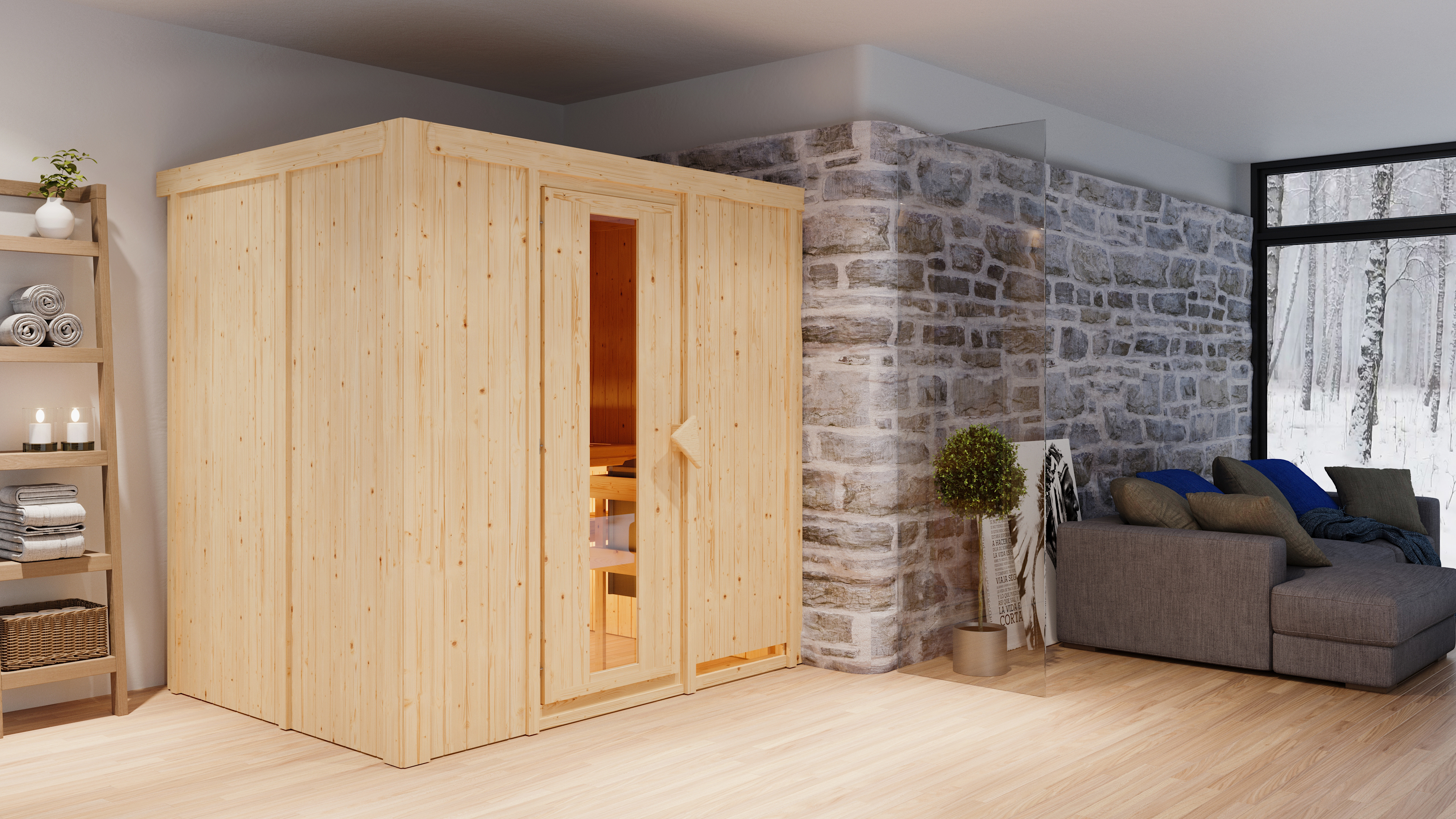 Karibu Sauna Bodin als stimmungsvoller Wellnessbereich in einem modern eingerichteten Wohnraum