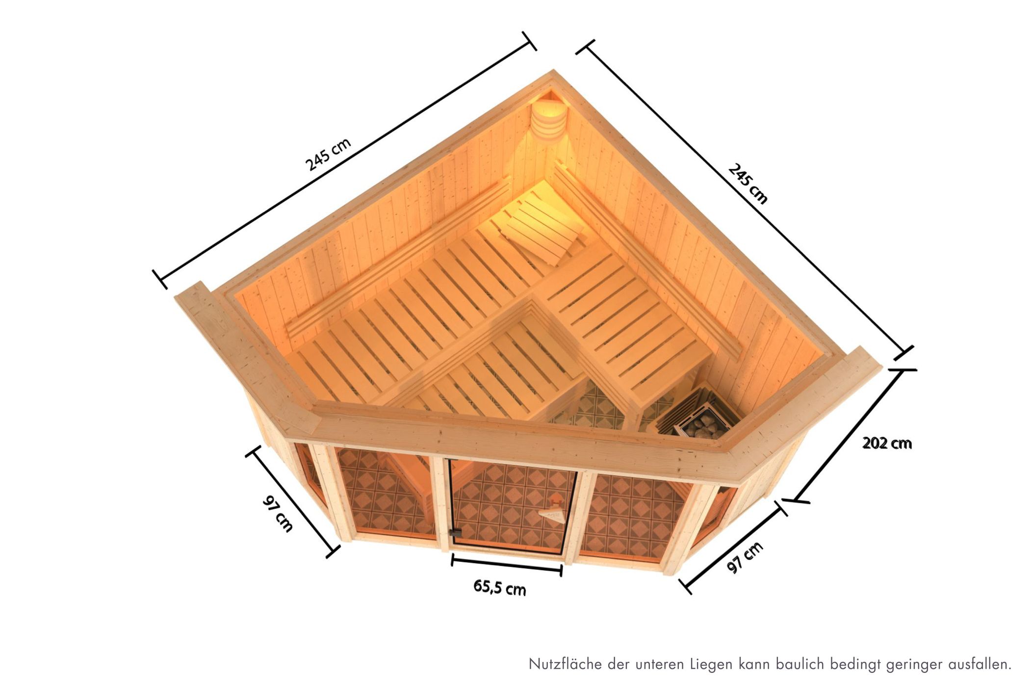 Maßzeichnung der Karibu Sauna Alcinda mit Außenmaß 245 × 245 cm und Höhe 202 cm
