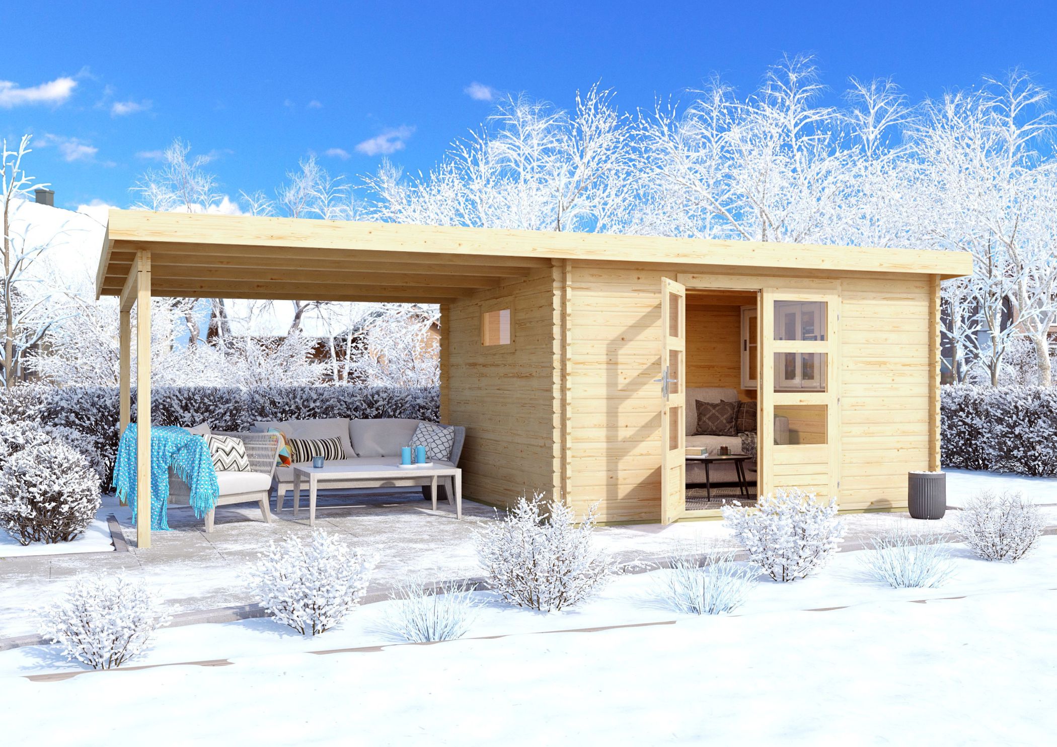 Gartenhaus Trittau 4 im Set mit 3,3 m Anbaudach / Lagerabverkauf