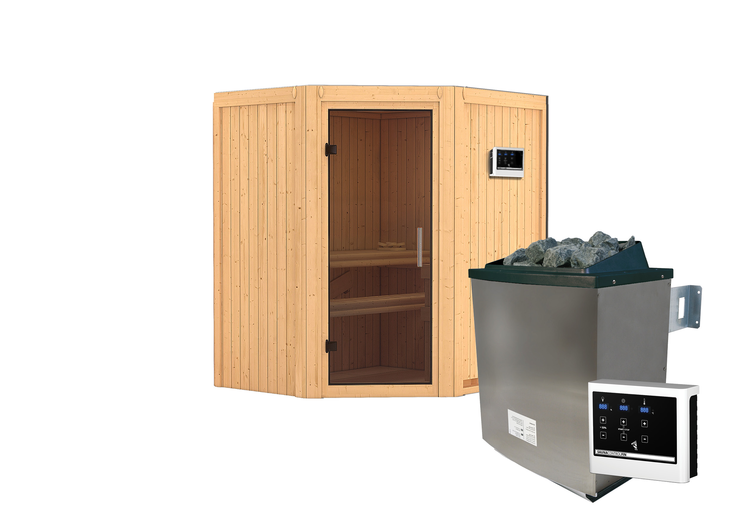 Innenansicht der Karibu Sauna Taurin mit Liegen und Kopfstütze aus hellem Espenholz