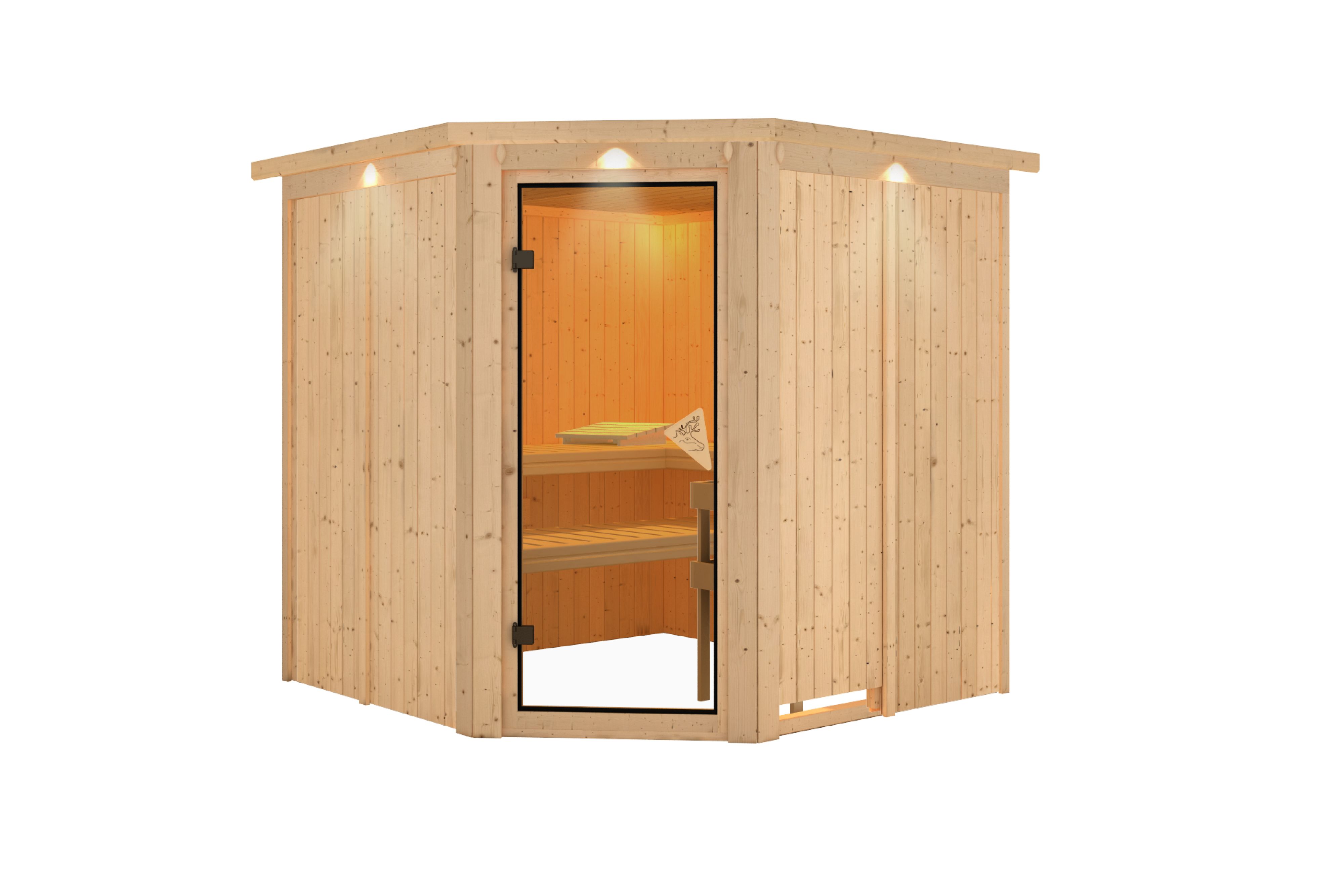 Innenansicht der Karibu Sauna Jarin mit Liegen und Kopfstütze aus hellem Espenholz