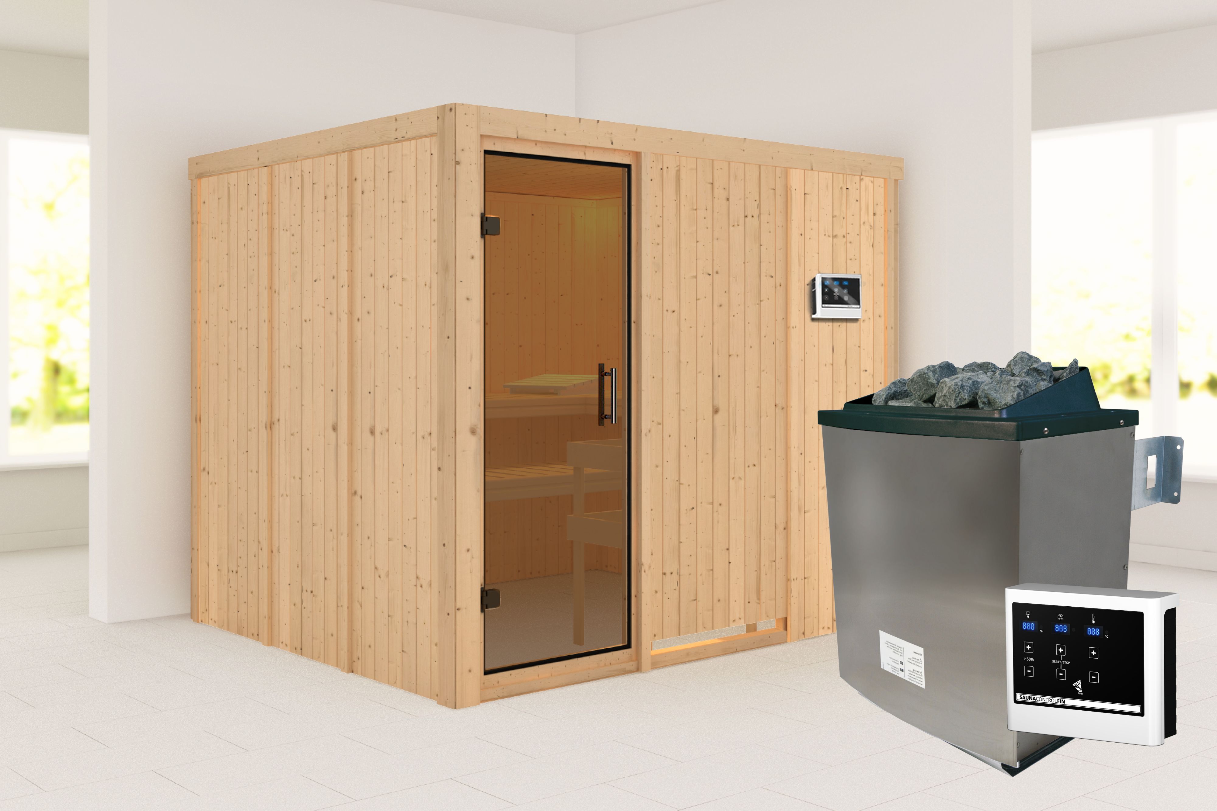 Außenansicht der Karibu Sauna Gobin aus nordischer Fichte mit Klarglas-Ganzglastür und Fronteinstieg