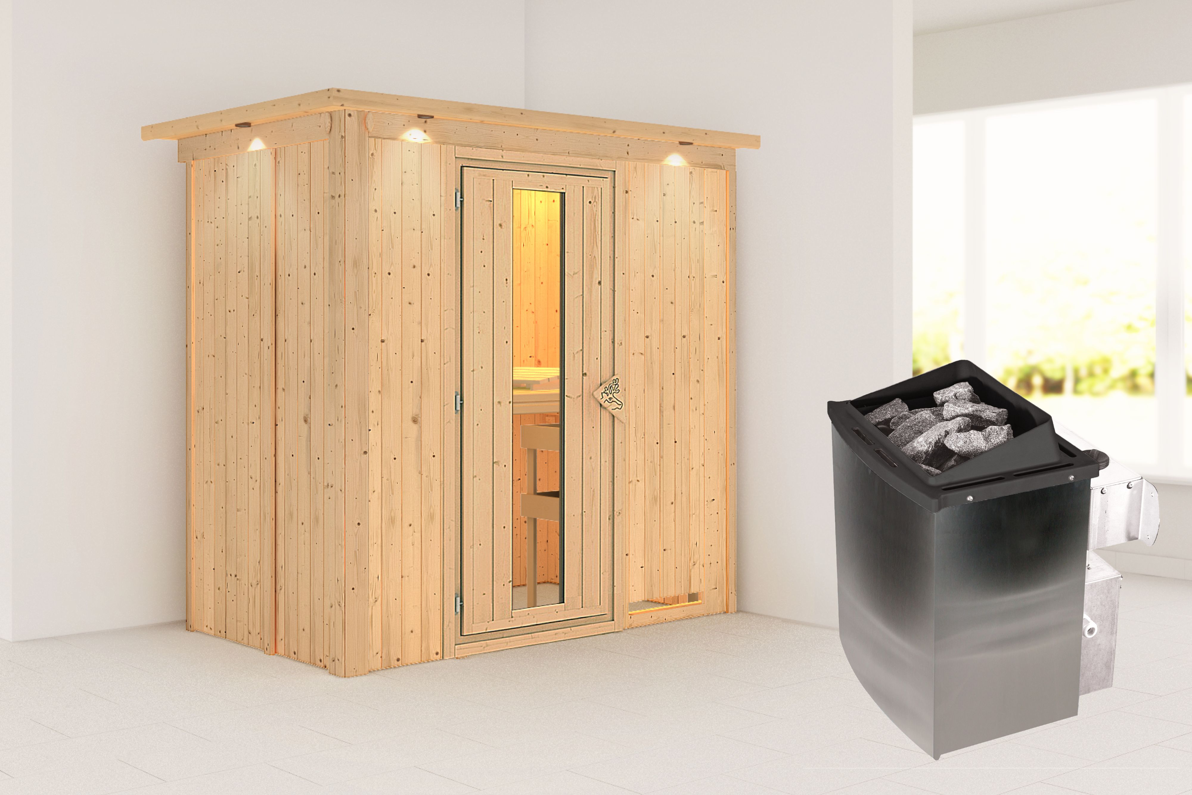 Außenansicht der Karibu Sauna Variado aus nordischer Fichte mit isolierter Holztür und Fronteinstieg