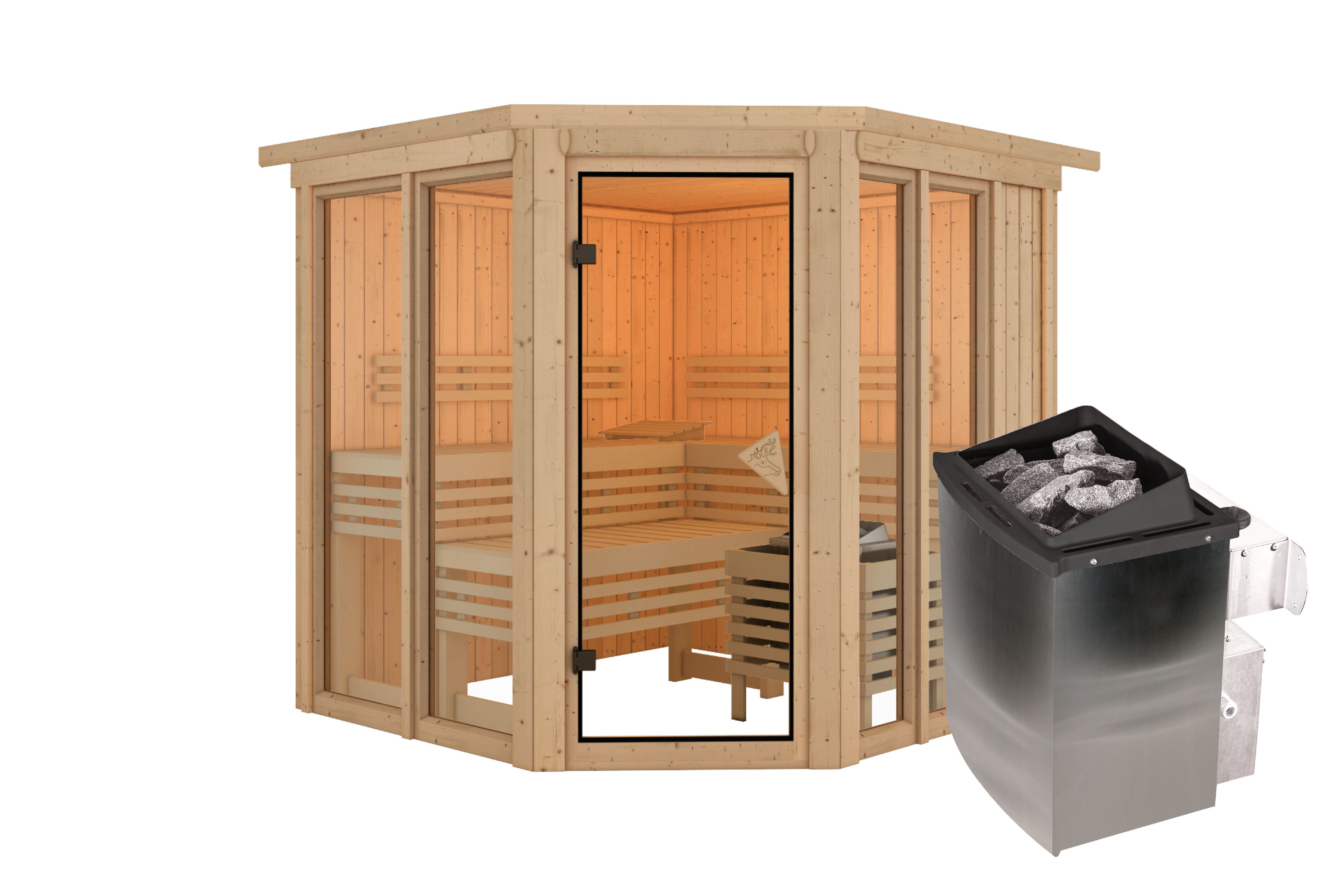 Innenansicht der Karibu Sauna Airi mit Liegen und Kopfstütze aus hellem Espenholz