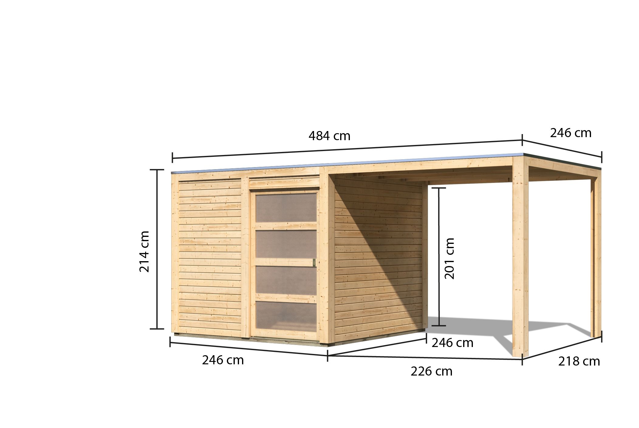 Bemaßte Maßzeichnung des Karibu Poolhaus Qubic 1 mit Anbaudach, 485 × 246 cm