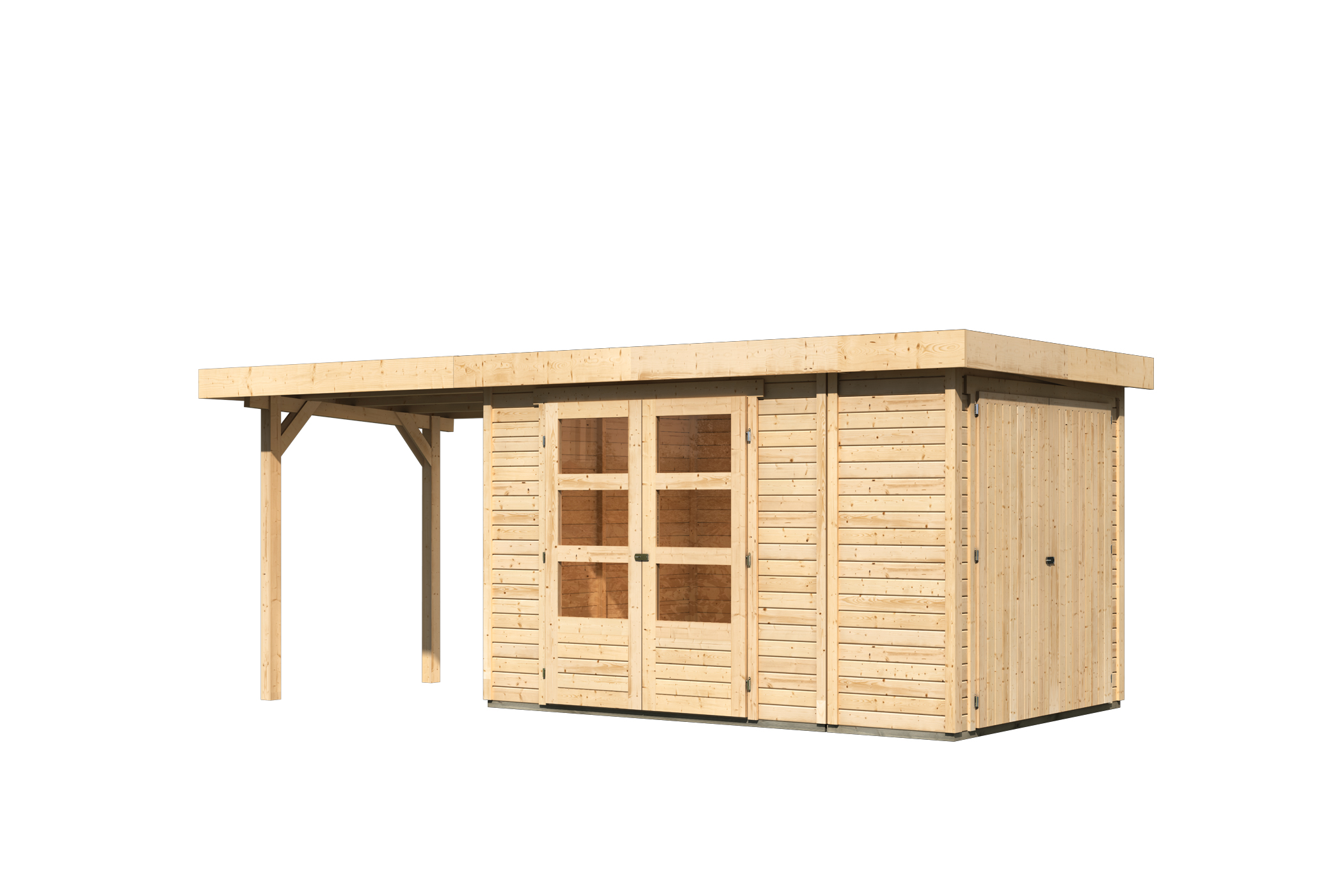 Karibu Gerätehaus Retola 3 in Naturbelassen und Anbaudach, Freisteller