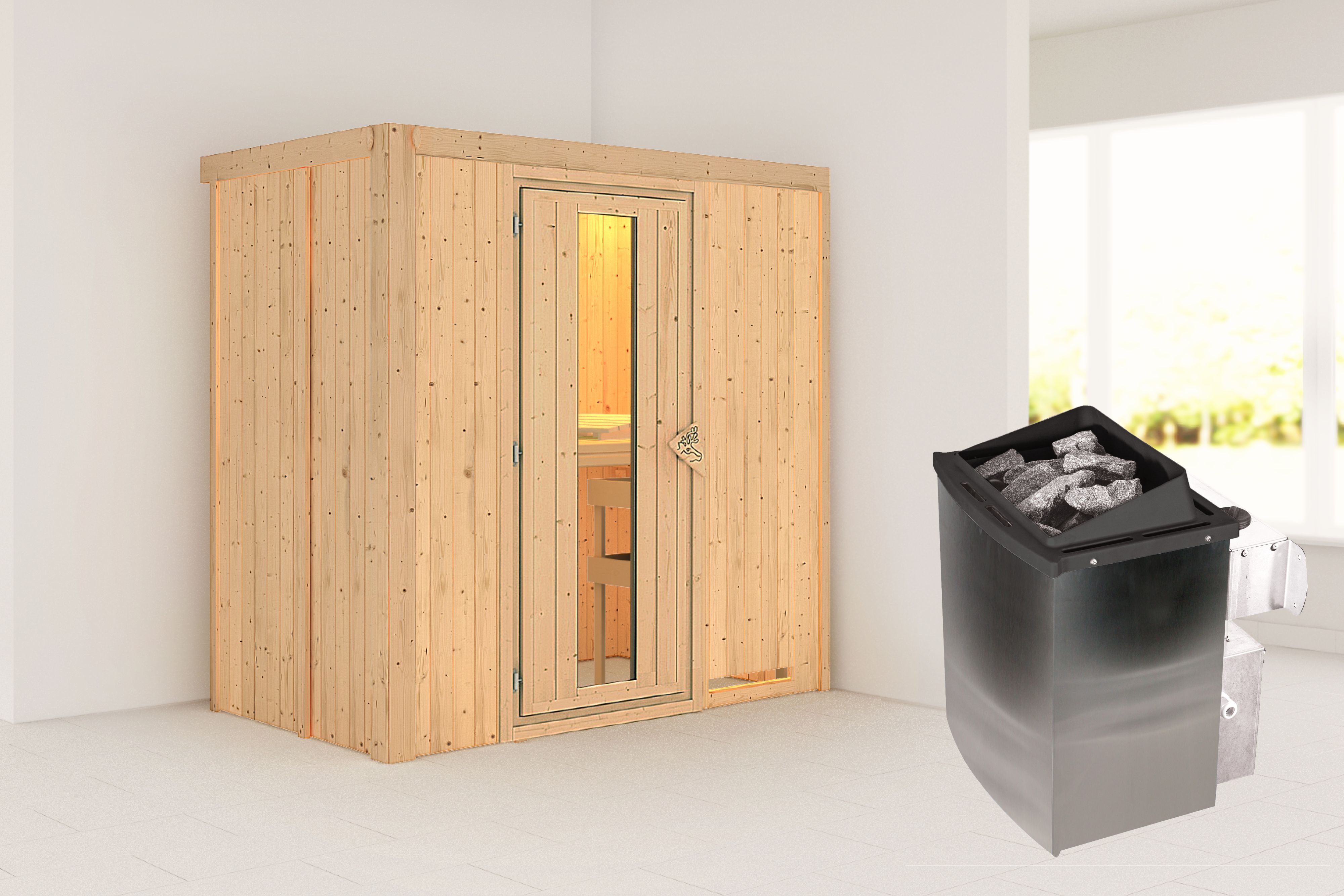 Außenansicht der Karibu Sauna Variado aus nordischer Fichte mit isolierter Holztür und Fronteinstieg