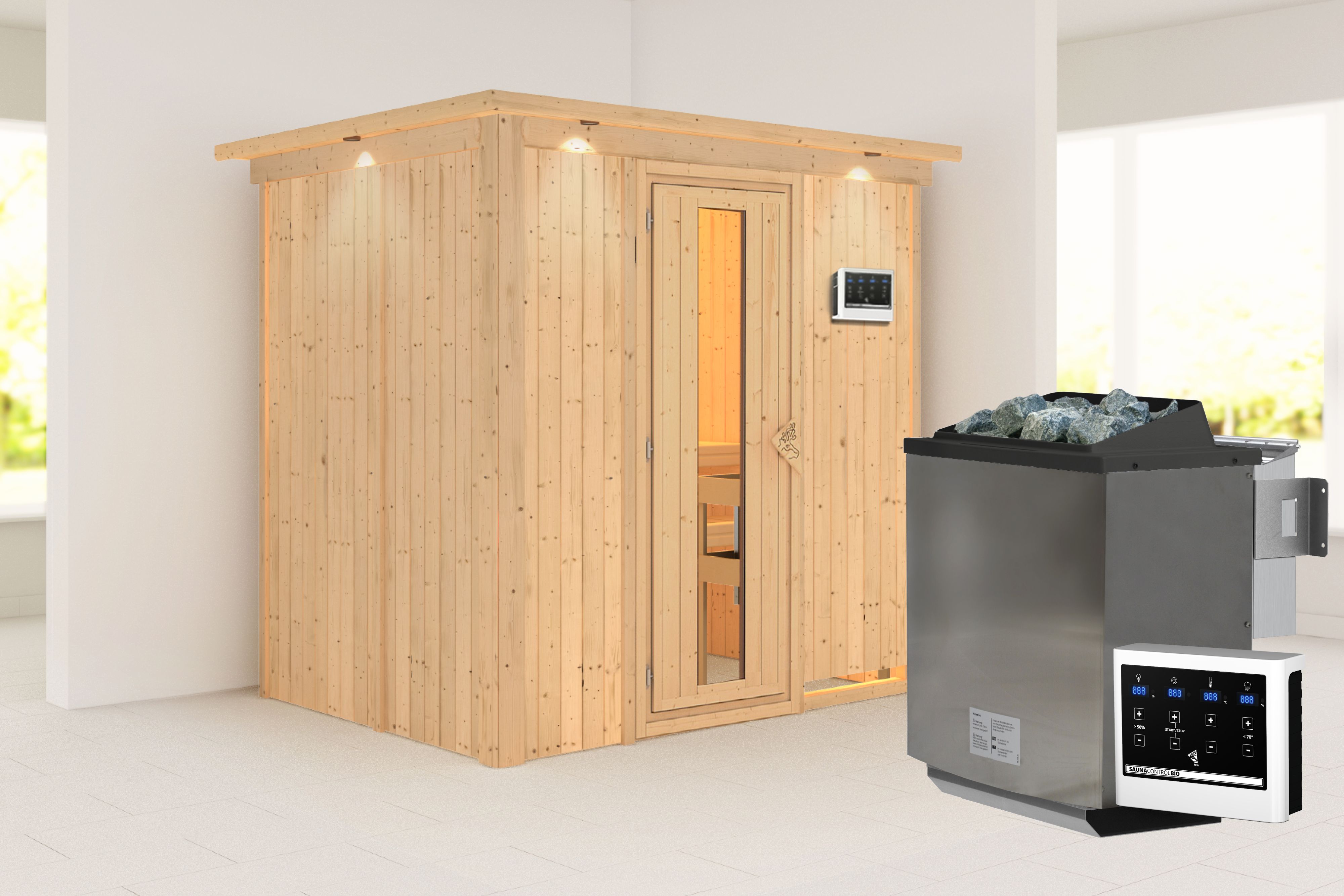 Außenansicht der Karibu Sauna Bodin aus nordischer Fichte mit isolierter Holztür und Fronteinstieg