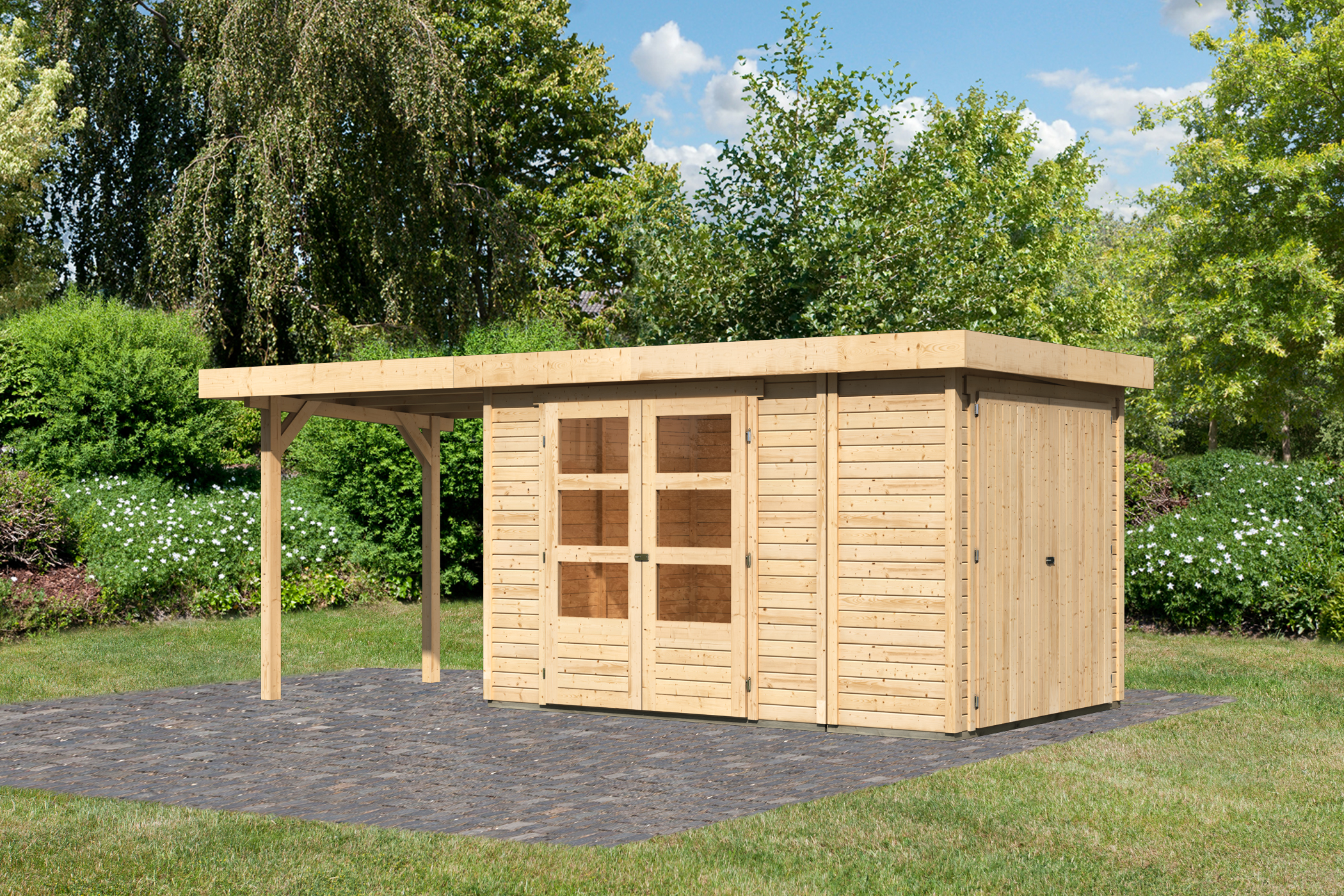Karibu Gerätehaus Retola 3 in Naturbelassen und Anbaudach, Außenansicht