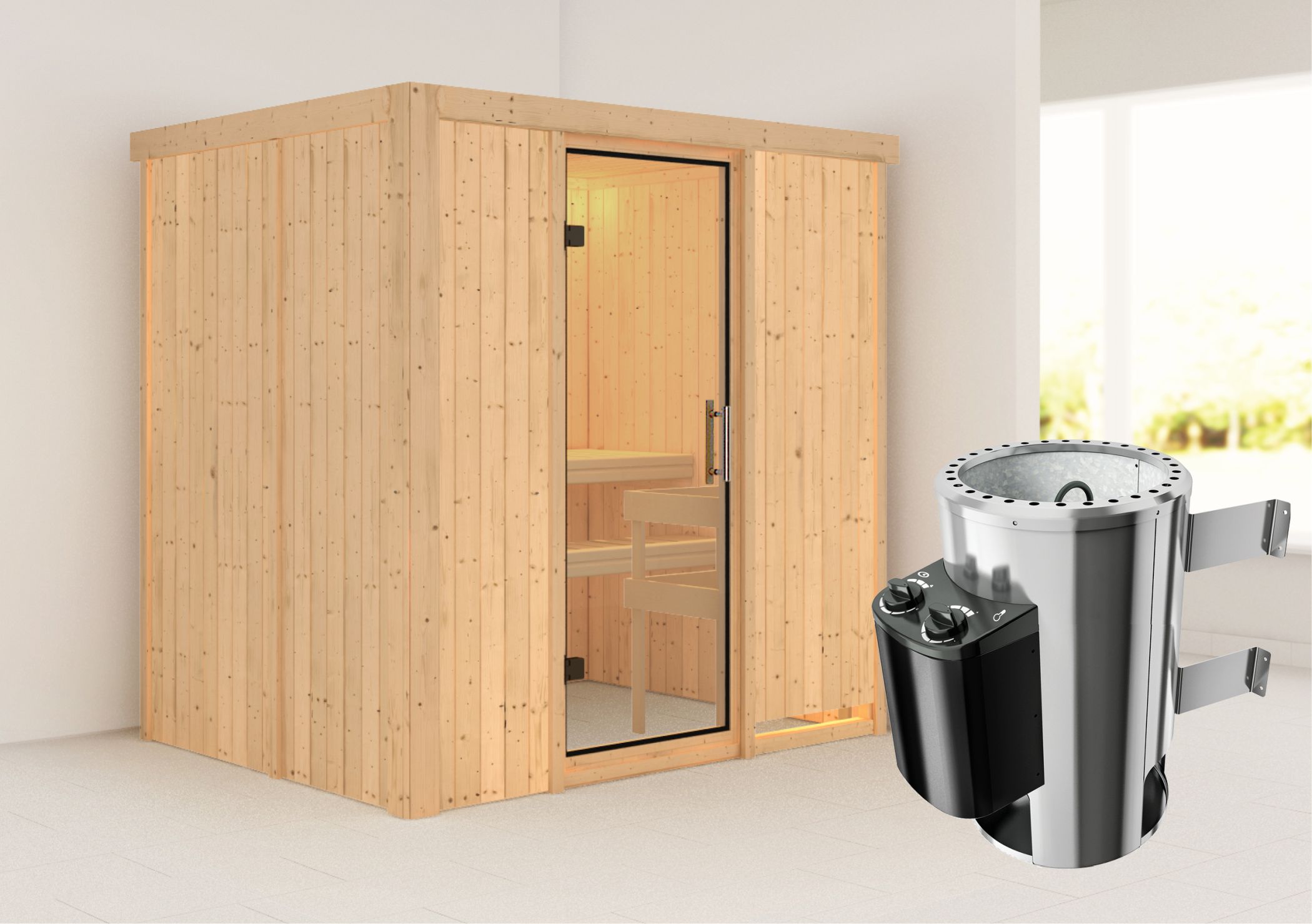 Außenansicht der Karibu Sauna Fanja aus nordischer Fichte mit Klarglas-Ganzglastür und Fronteinstieg