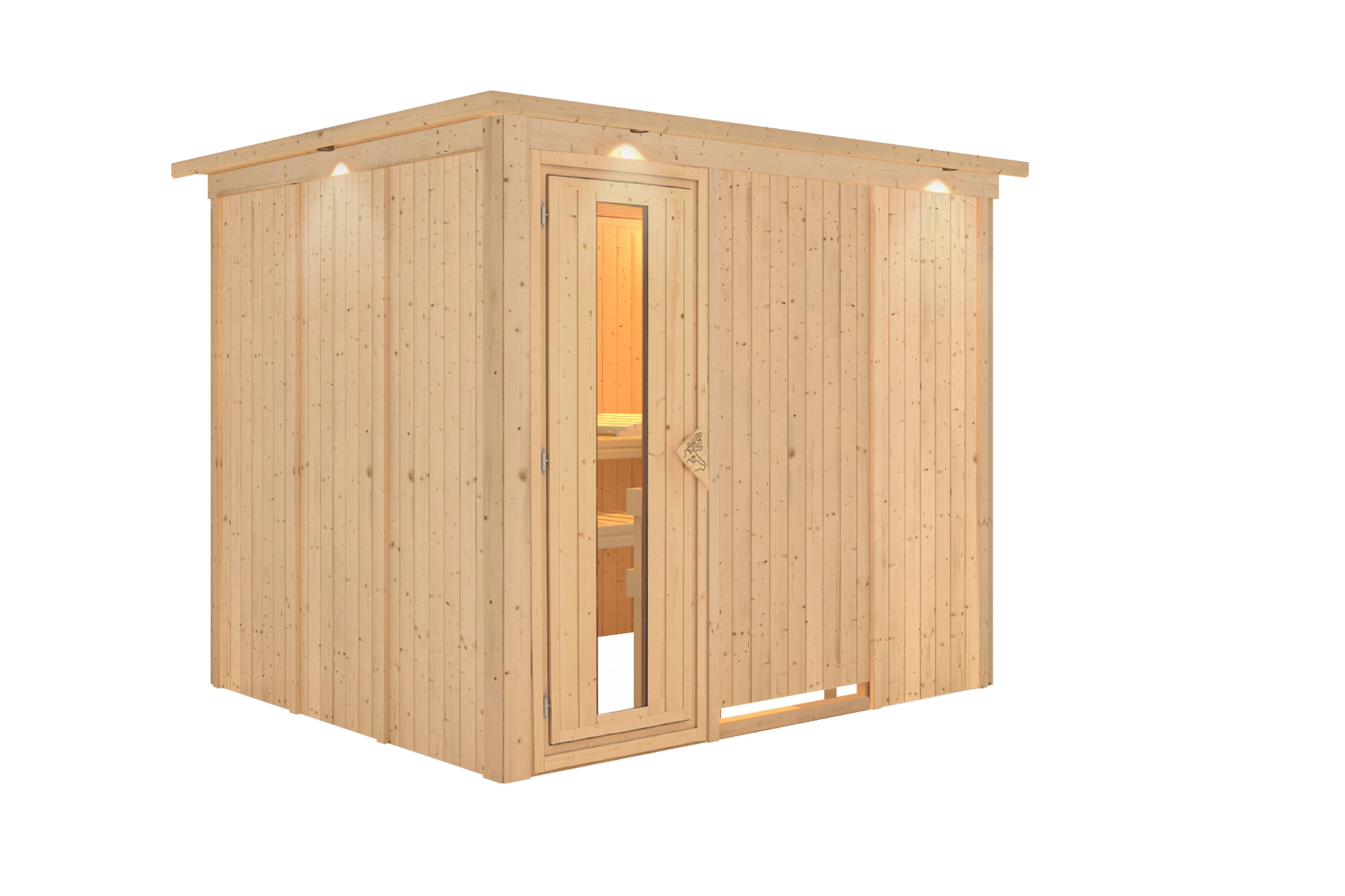 Innenansicht der Karibu Sauna Gobin mit Liegen und Kopfstütze aus hellem Espenholz