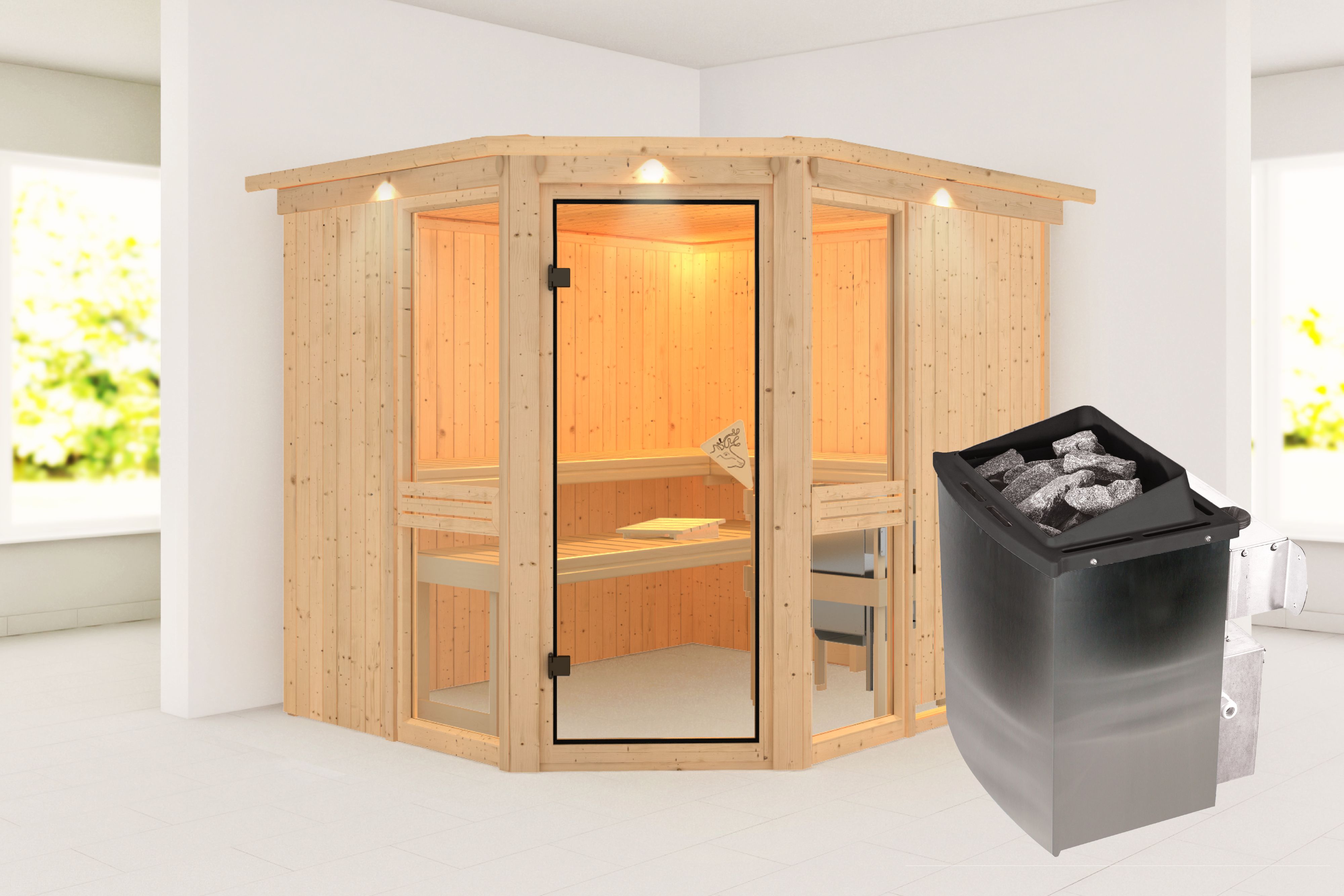 Außenansicht der Karibu Sauna Amelia 3 aus nordischer Fichte mit bronzierter Ganzglastür und Fronteinstieg