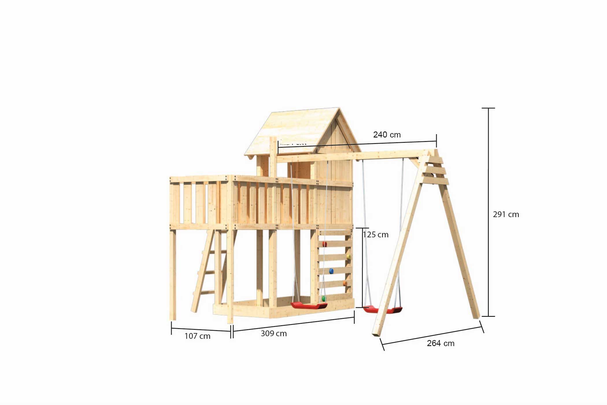 Maßzeichnung der Karibu Stelzenhaus Frieda mit Bemaßung von Grundfläche und Höhe
