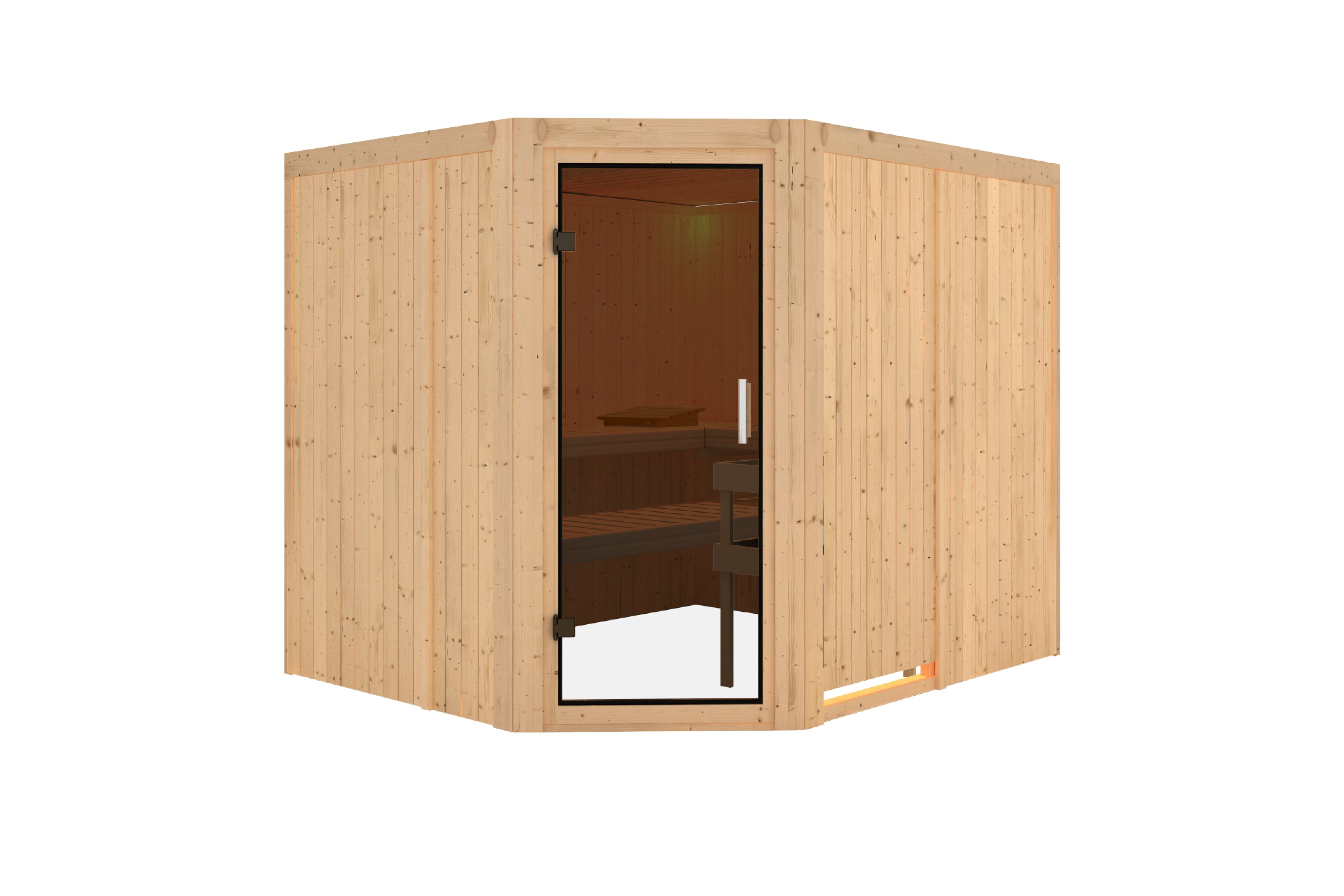 Innenansicht der Karibu Sauna Malin mit Liegen und Kopfstütze aus hellem Espenholz
