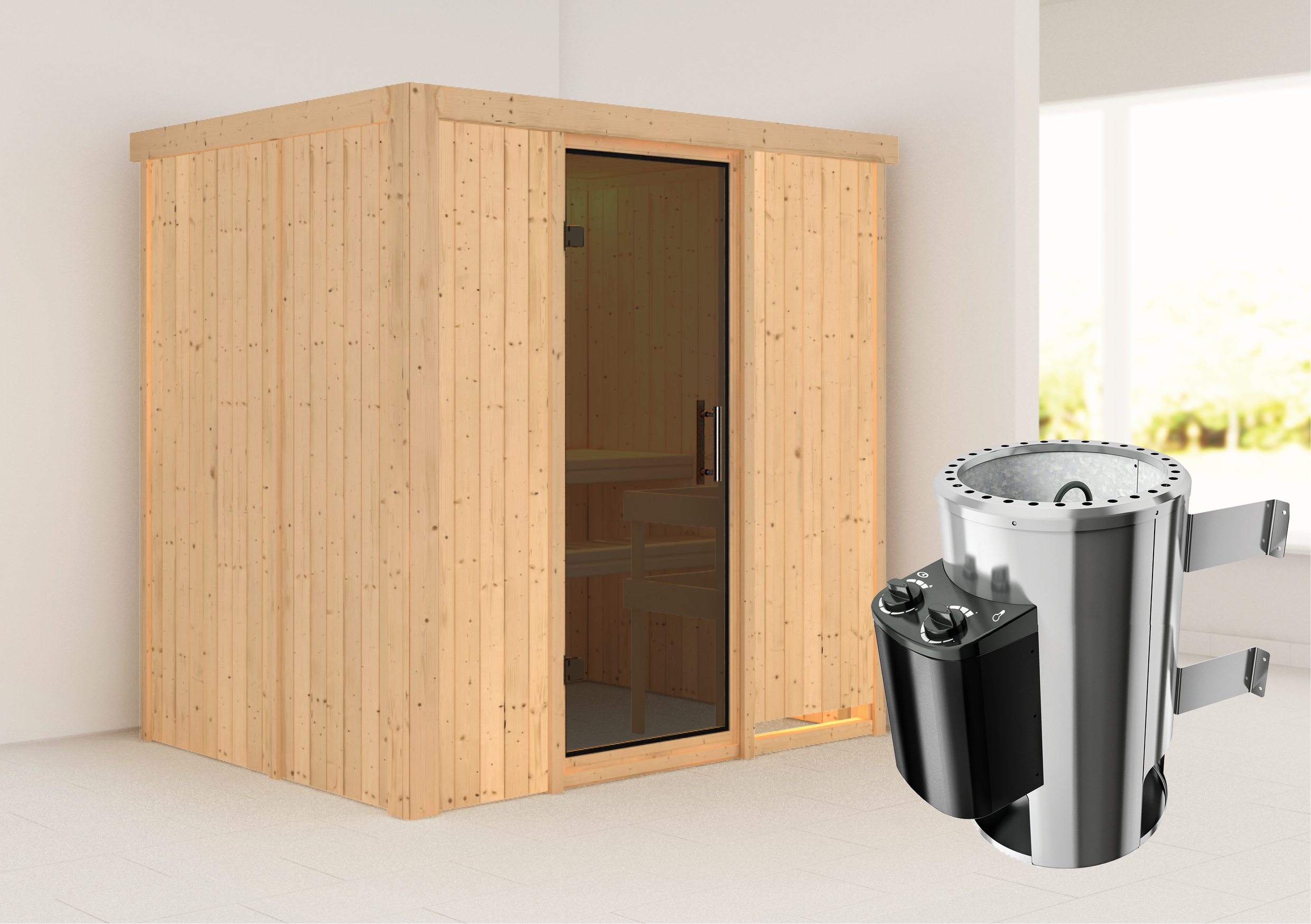 Außenansicht der Karibu Sauna Fanja aus nordischer Fichte mit graphitfarbener Ganzglastür und Fronteinstieg