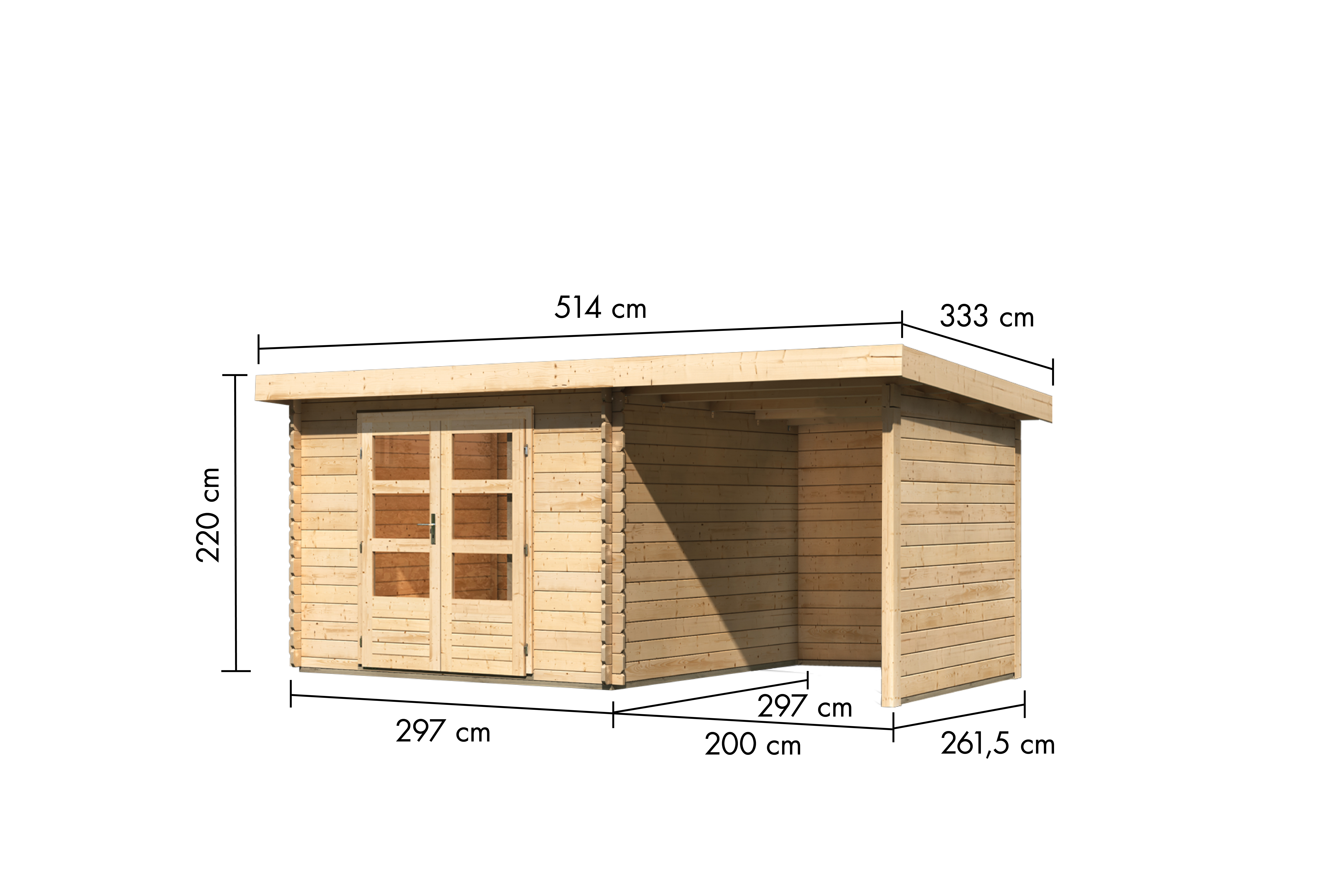 Bemaßte Maßzeichnung des Karibu Gartenhaus Bastrup 5 mit Anbaudach, 514 × 333 cm