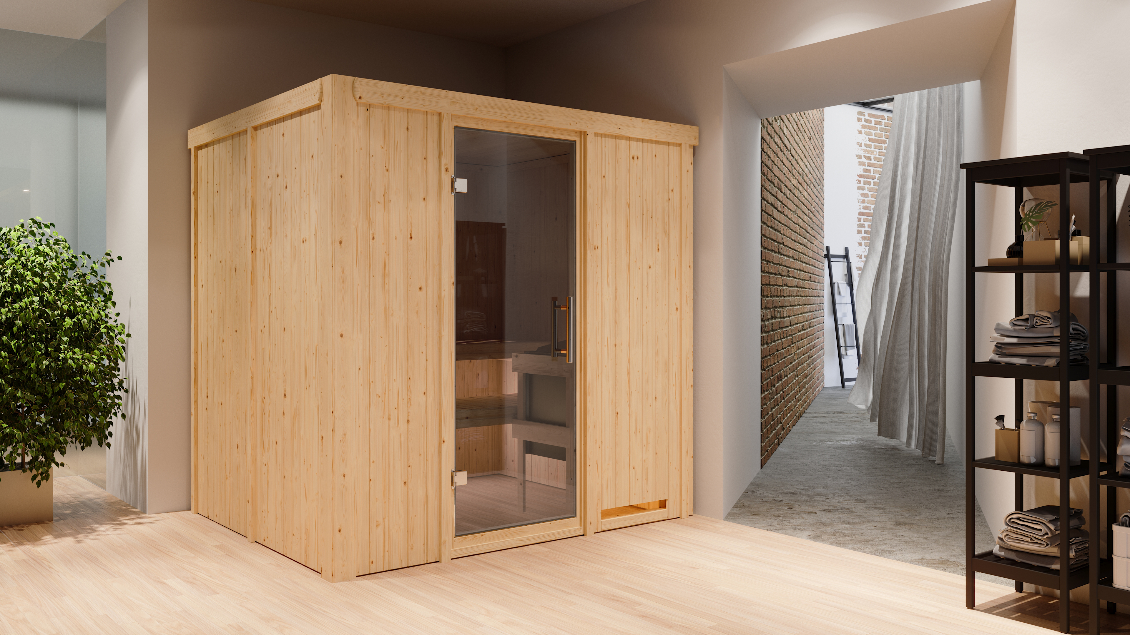 Karibu Sauna Sodin als stimmungsvoller Wellnessbereich in einem modern eingerichteten Wohnraum