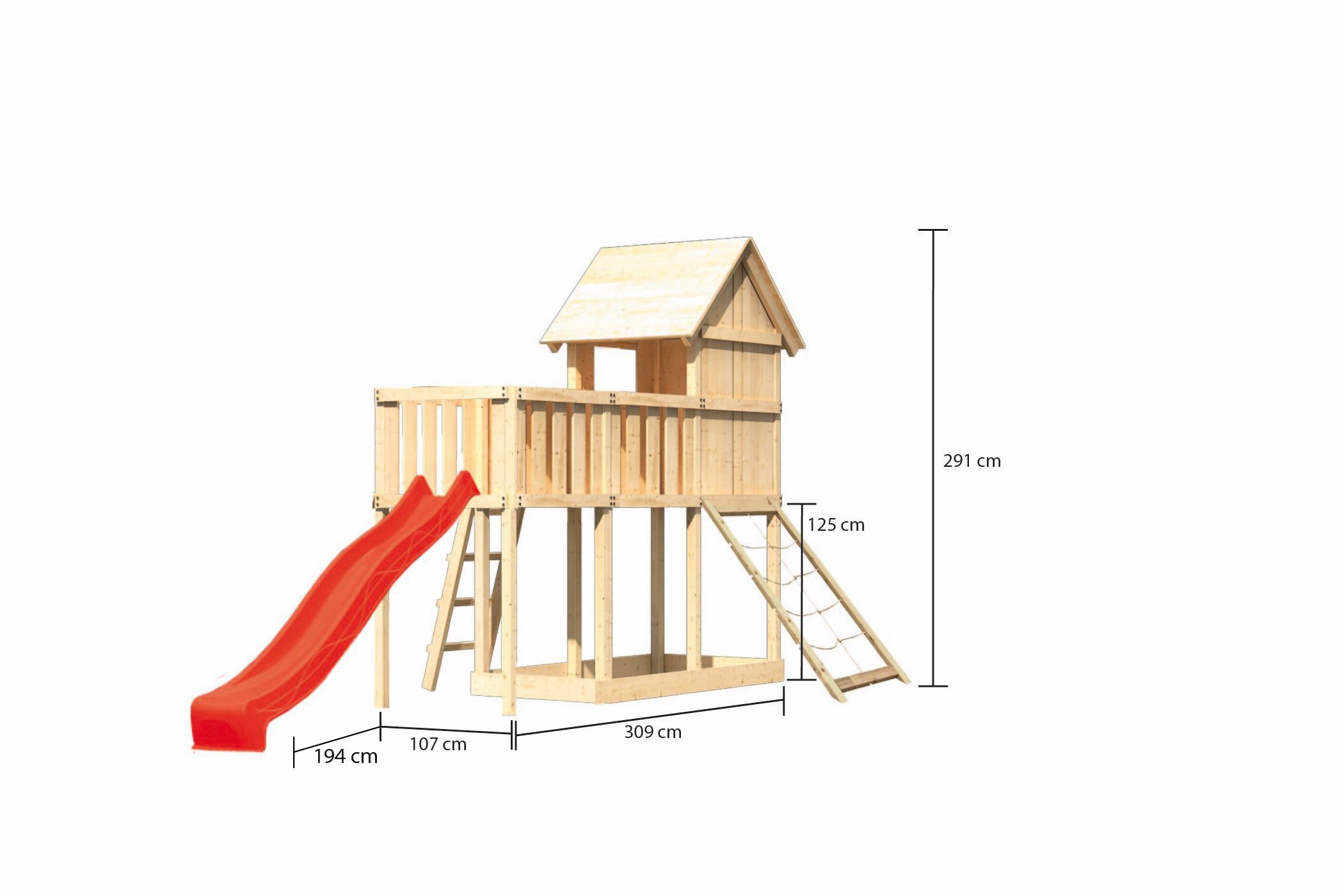Maßzeichnung des AKUBI Kinderspielhaus Frieda mit Bemaßung von Grundfläche und Höhe