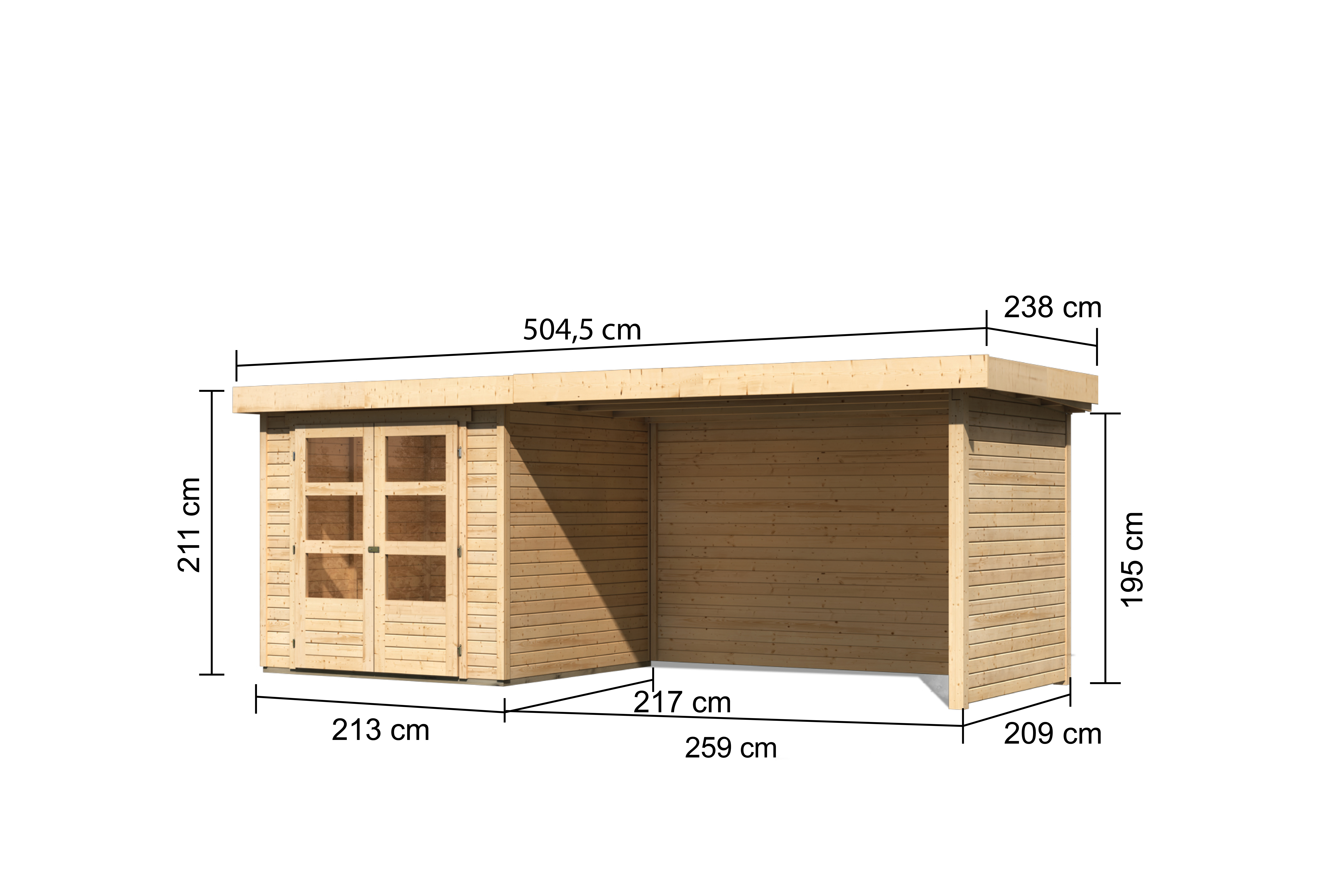 Bemaßte Maßzeichnung eines Karibu Gartenhauses aus Massivholz