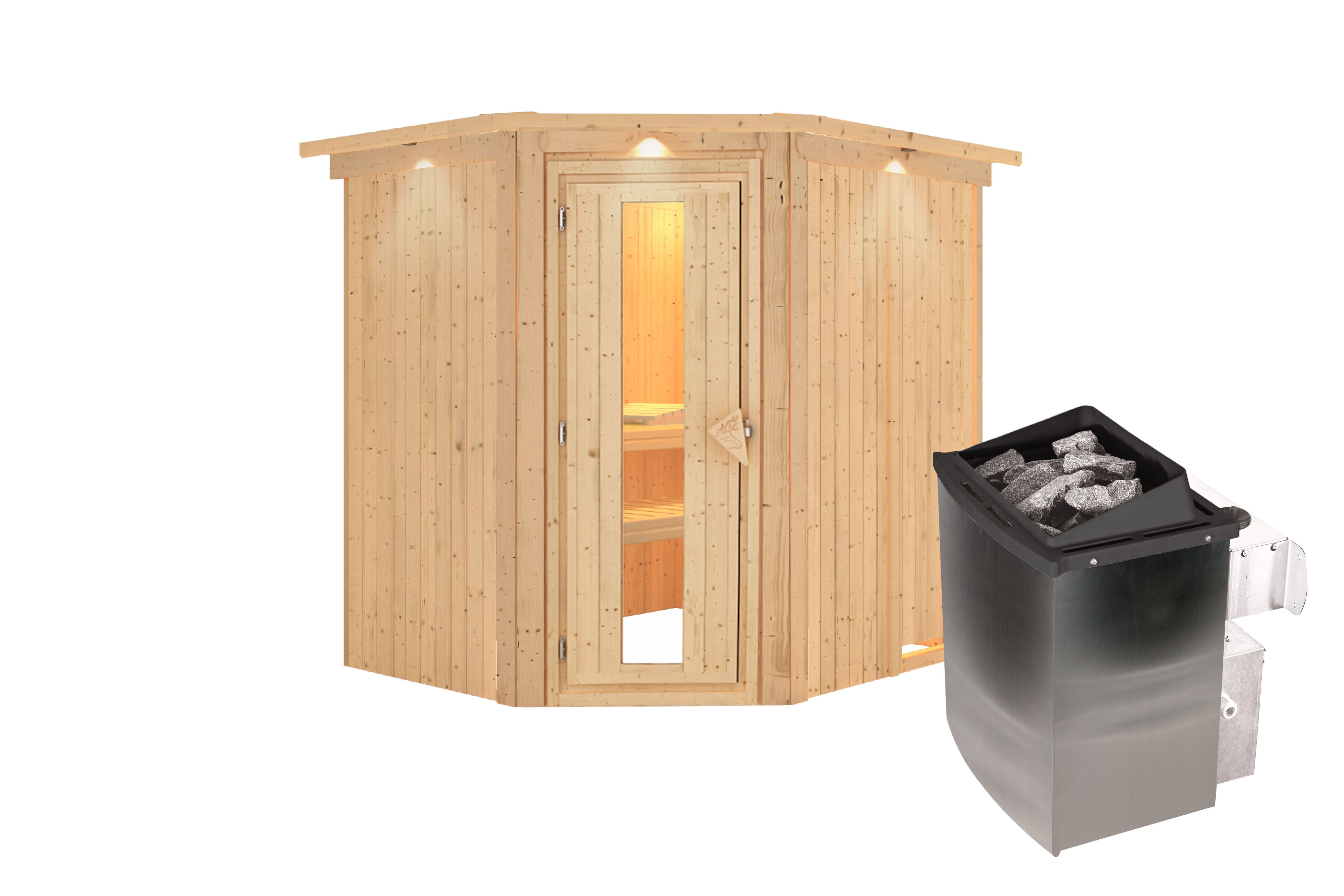 Innenansicht der Karibu Sauna Siirin mit Liegen und Kopfstütze aus hellem Espenholz