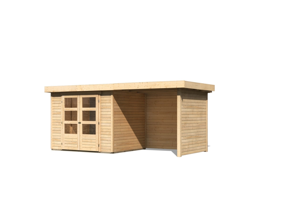 Karibu Gerätehaus Askola 3 in Naturbelassen und Anbaudach, Freisteller