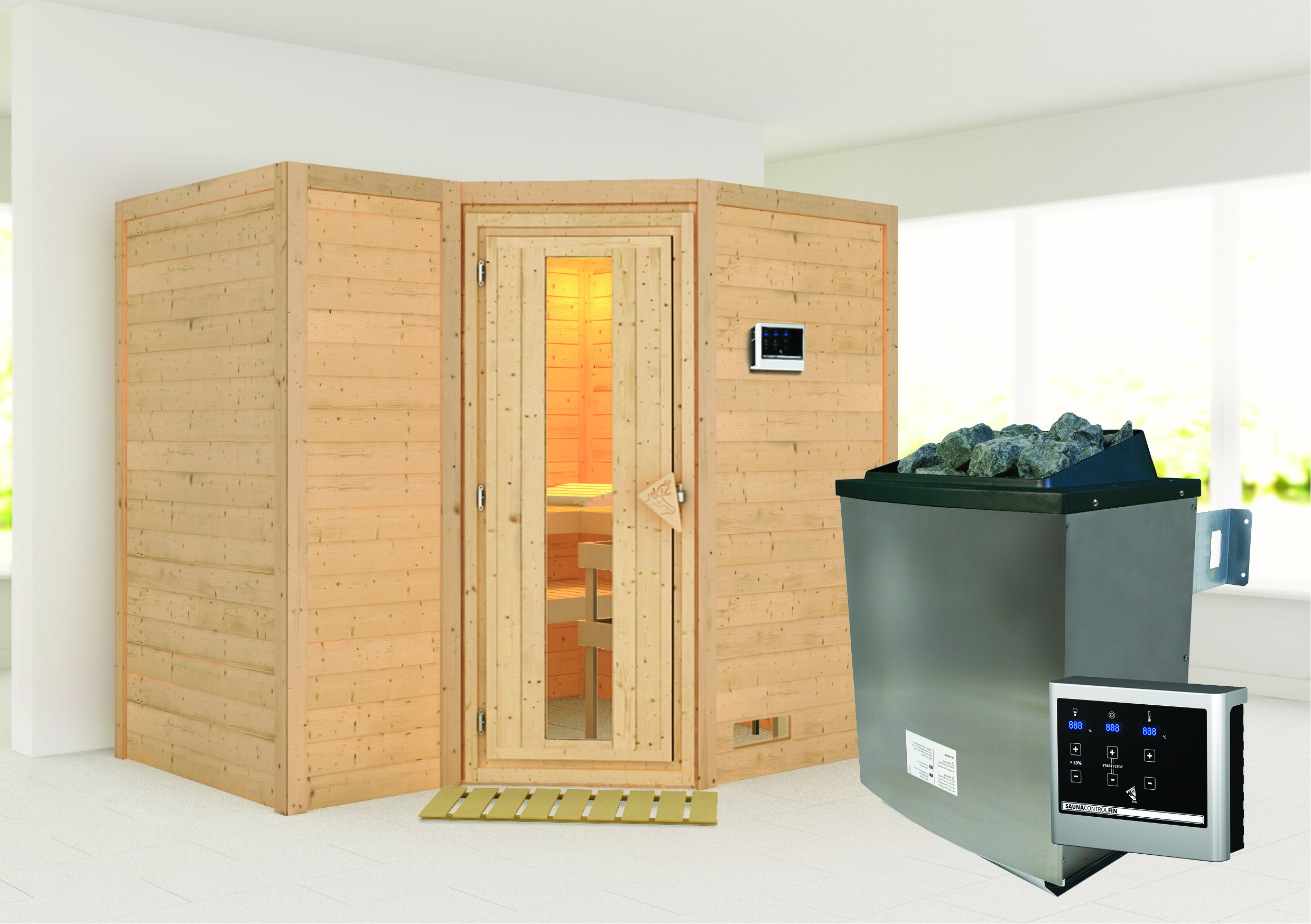 Außenansicht der Karibu Sauna Nome aus nordischer Fichte mit Ganzglastür und Fronteinstieg