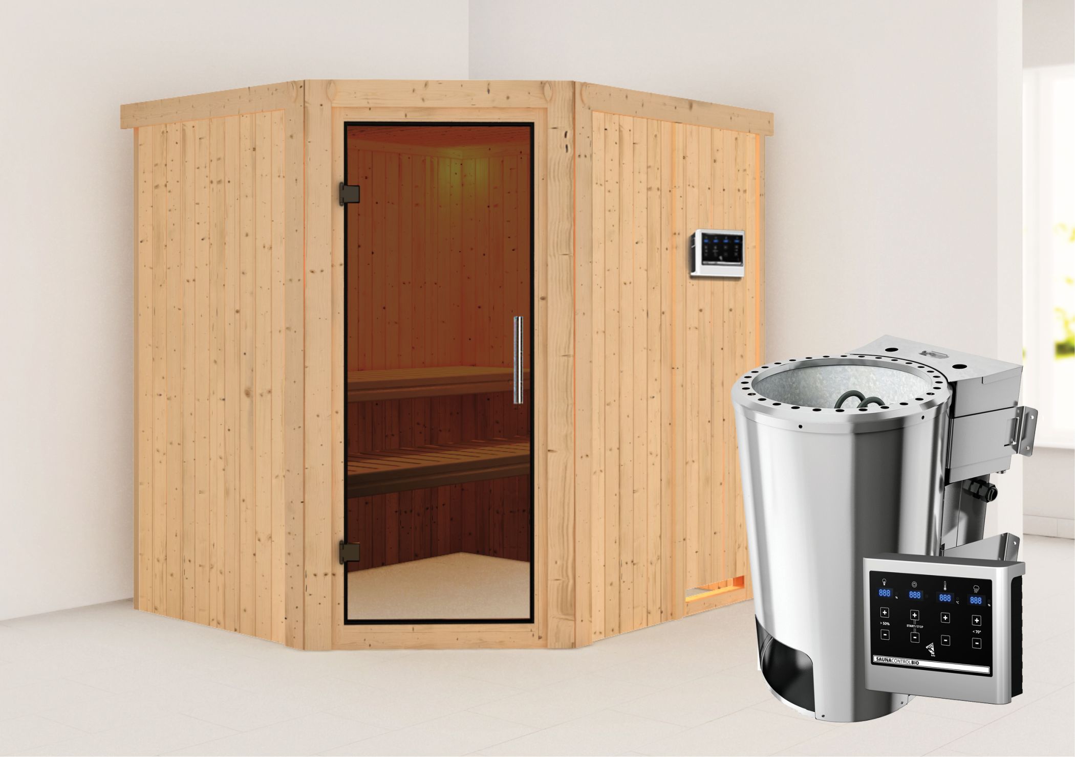 Außenansicht der Karibu Sauna Lilja aus nordischer Fichte mit graphitfarbener Ganzglastür und Fronteinstieg