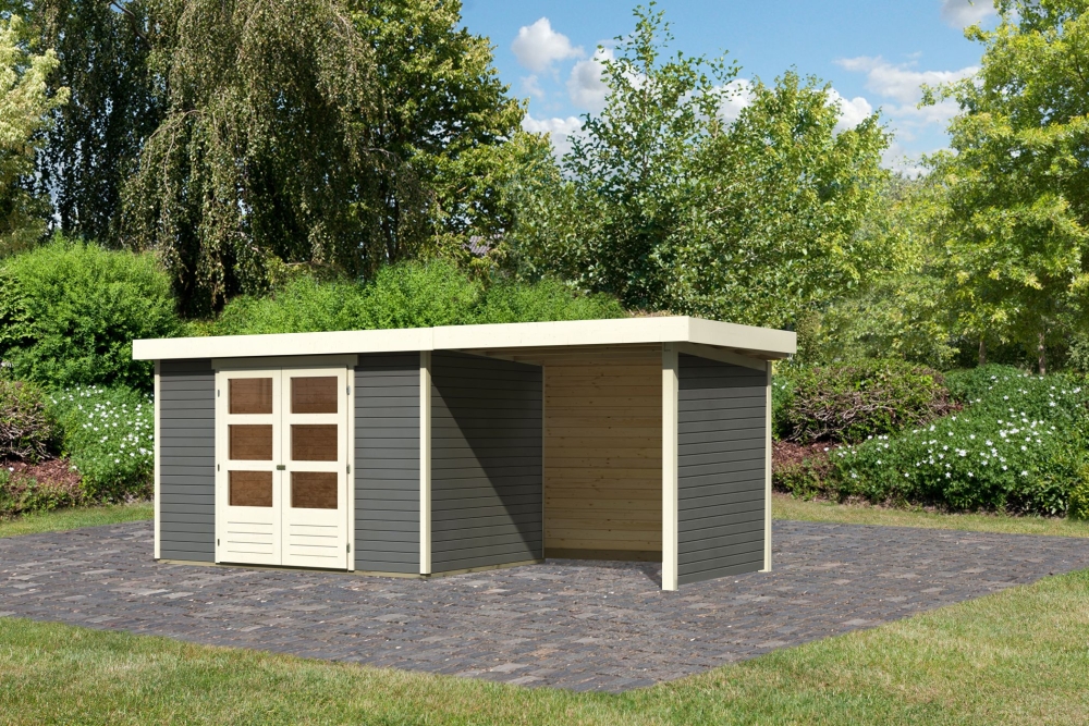 Karibu Gerätehaus Askola 4 in Terragrau und Anbaudach, Außenansicht