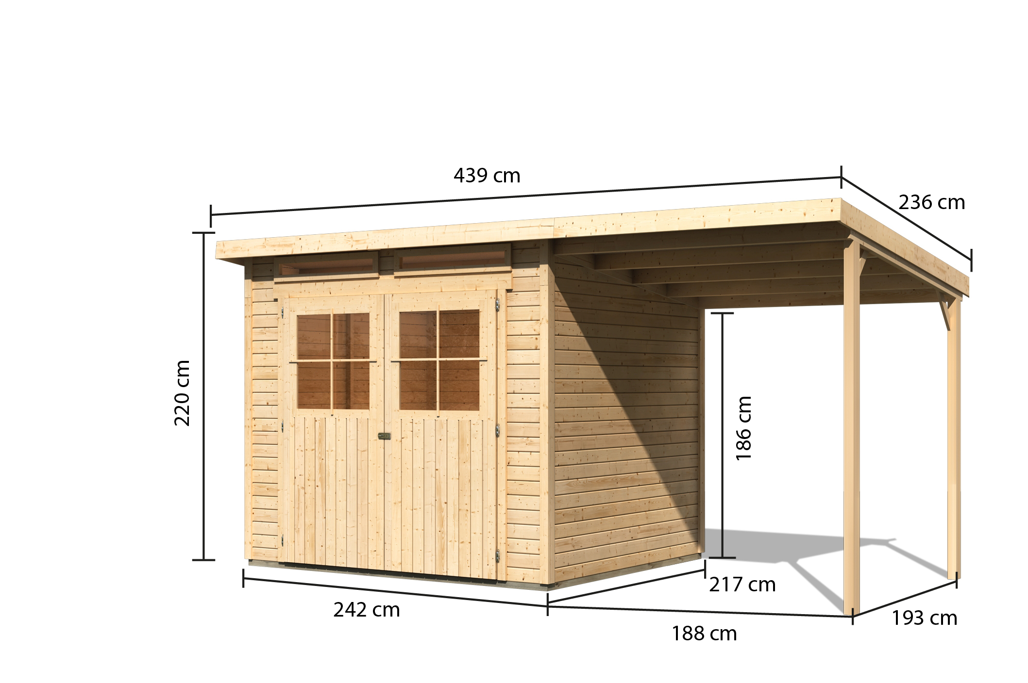 Bemaßte Maßzeichnung des Karibu Gerätehaus Glücksburg 4 mit Anbaudach, 439 × 236 cm