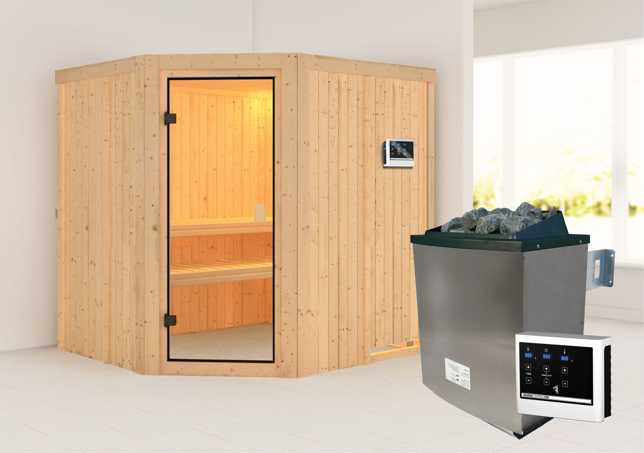 Außenansicht der Karibu Sauna Bodo aus nordischer Fichte mit Ganzglastür und Fronteinstieg